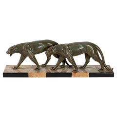 Sculpture italienne Art déco de panthères en bronze et marbre