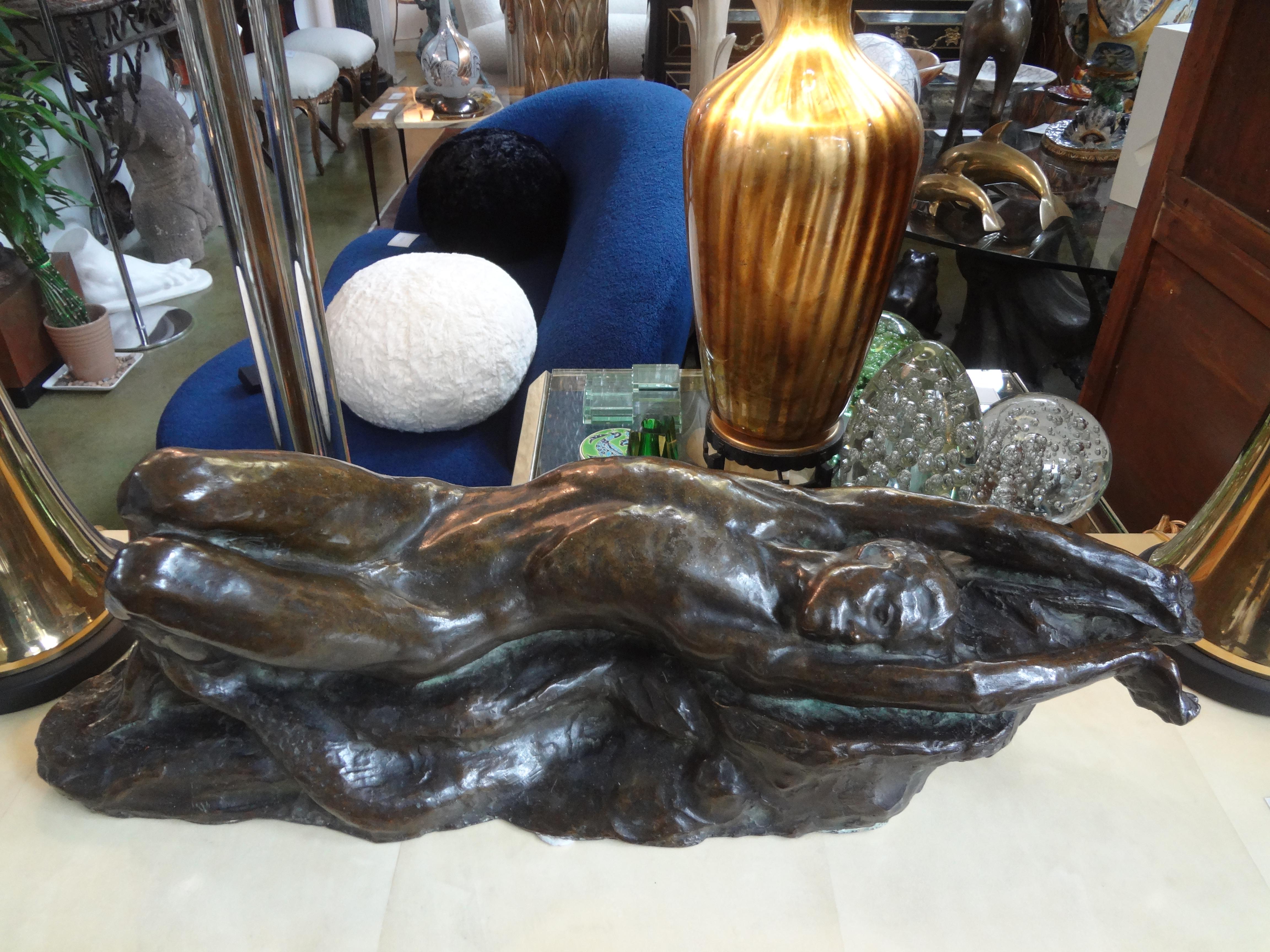 Italian Art Deco Bronze Sculpture Of A Nude Male In Good Condition For Sale In Houston, TX