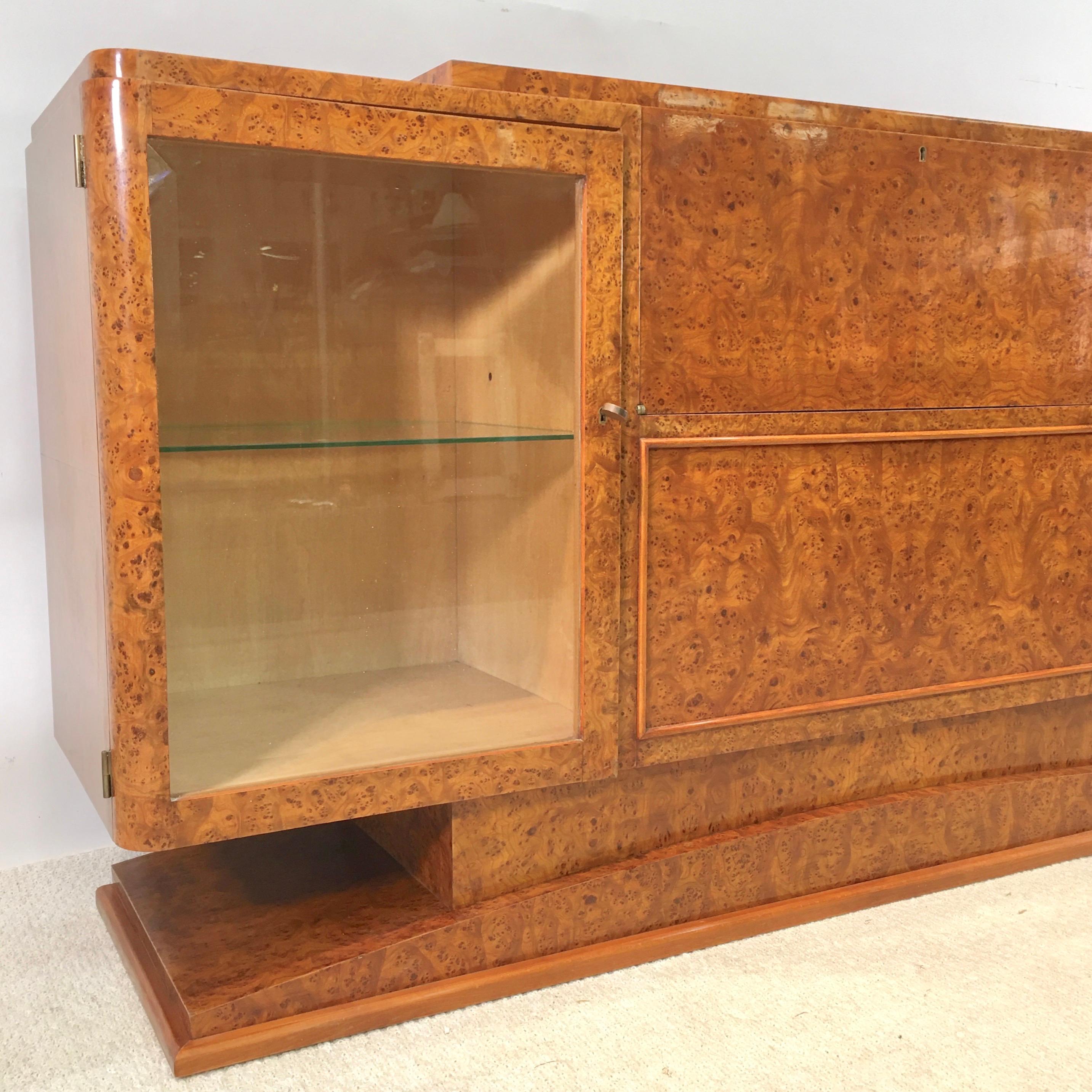 Italian Art Deco Burl Walnut Bar Cabinet Sideboard For Sale 14