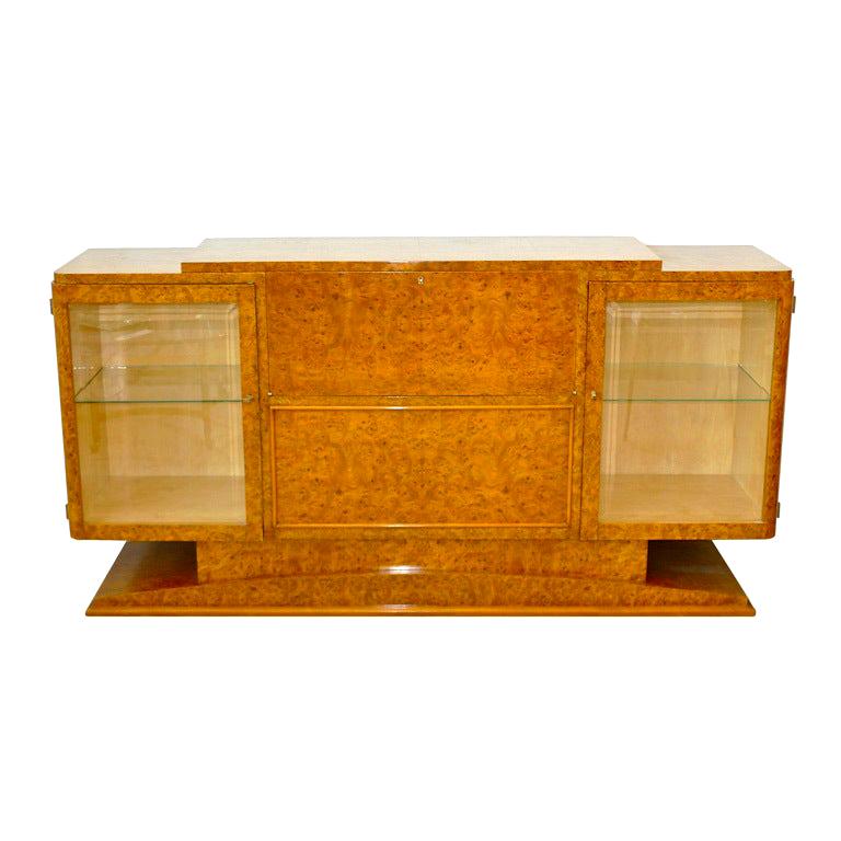 Italian Art Deco Burl Walnut Bar Cabinet Sideboard