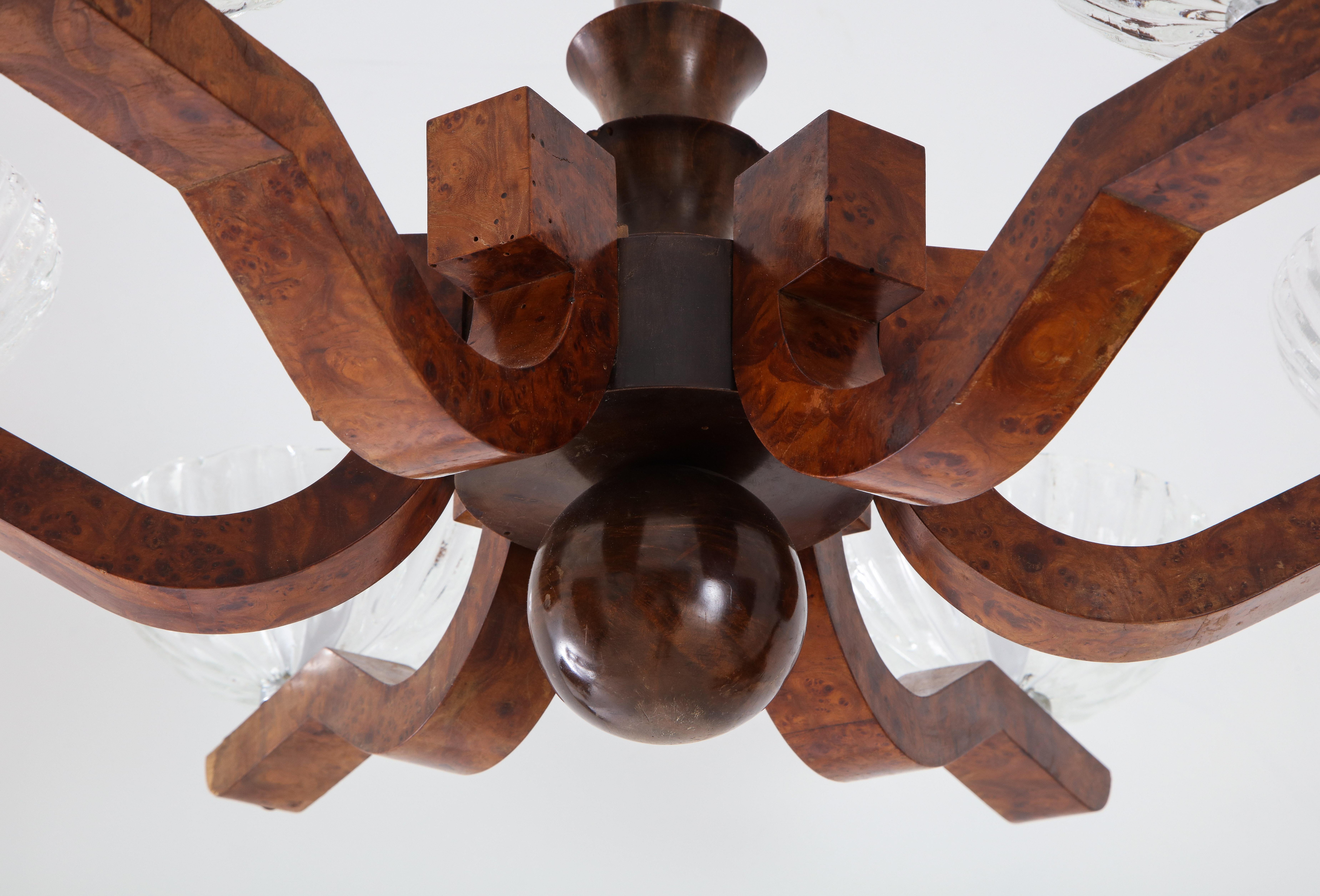 Italian Art Deco Burl Wood and Glass Chandelier In Good Condition For Sale In New York, NY