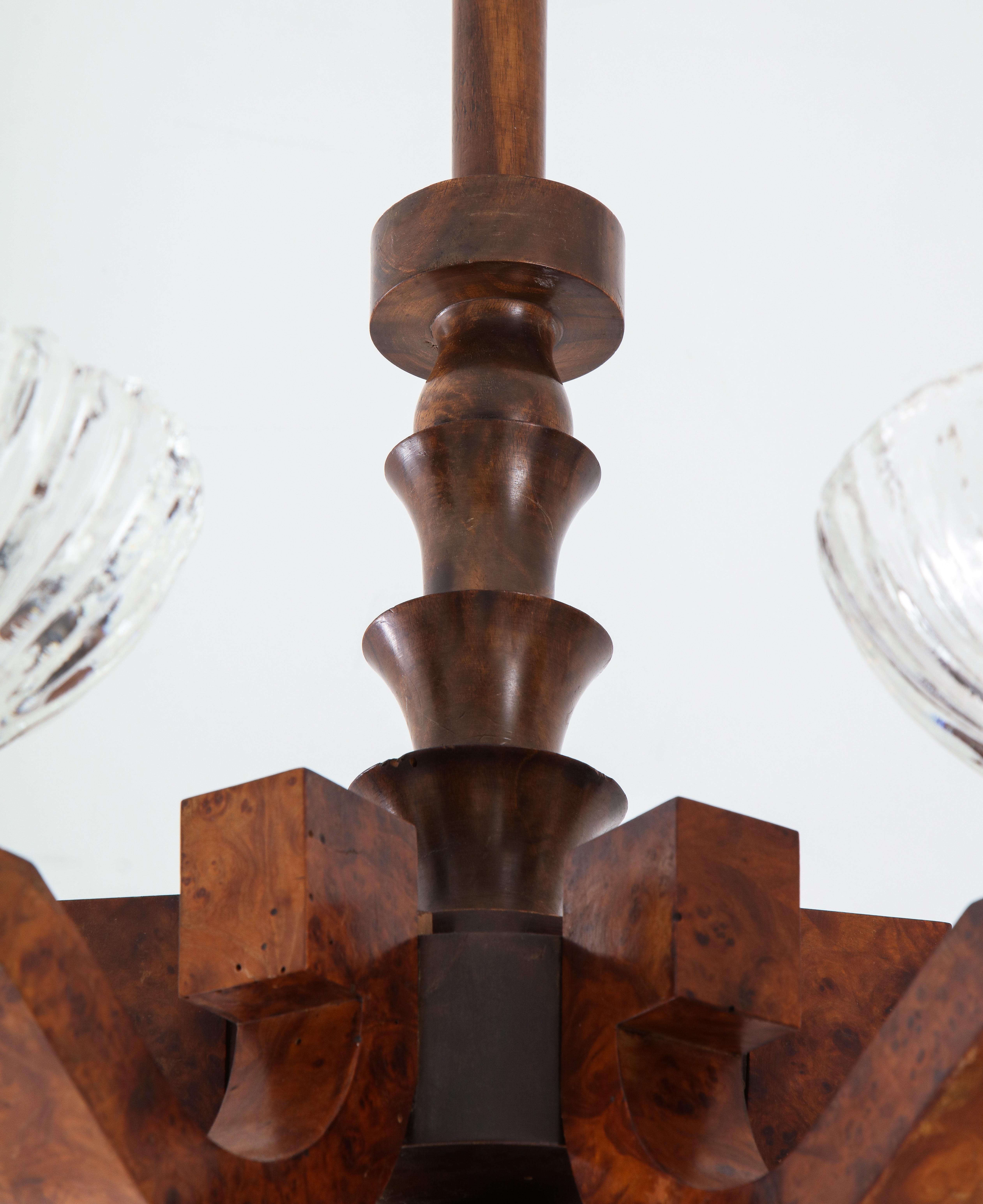 Mid-20th Century Italian Art Deco Burl Wood and Glass Chandelier For Sale