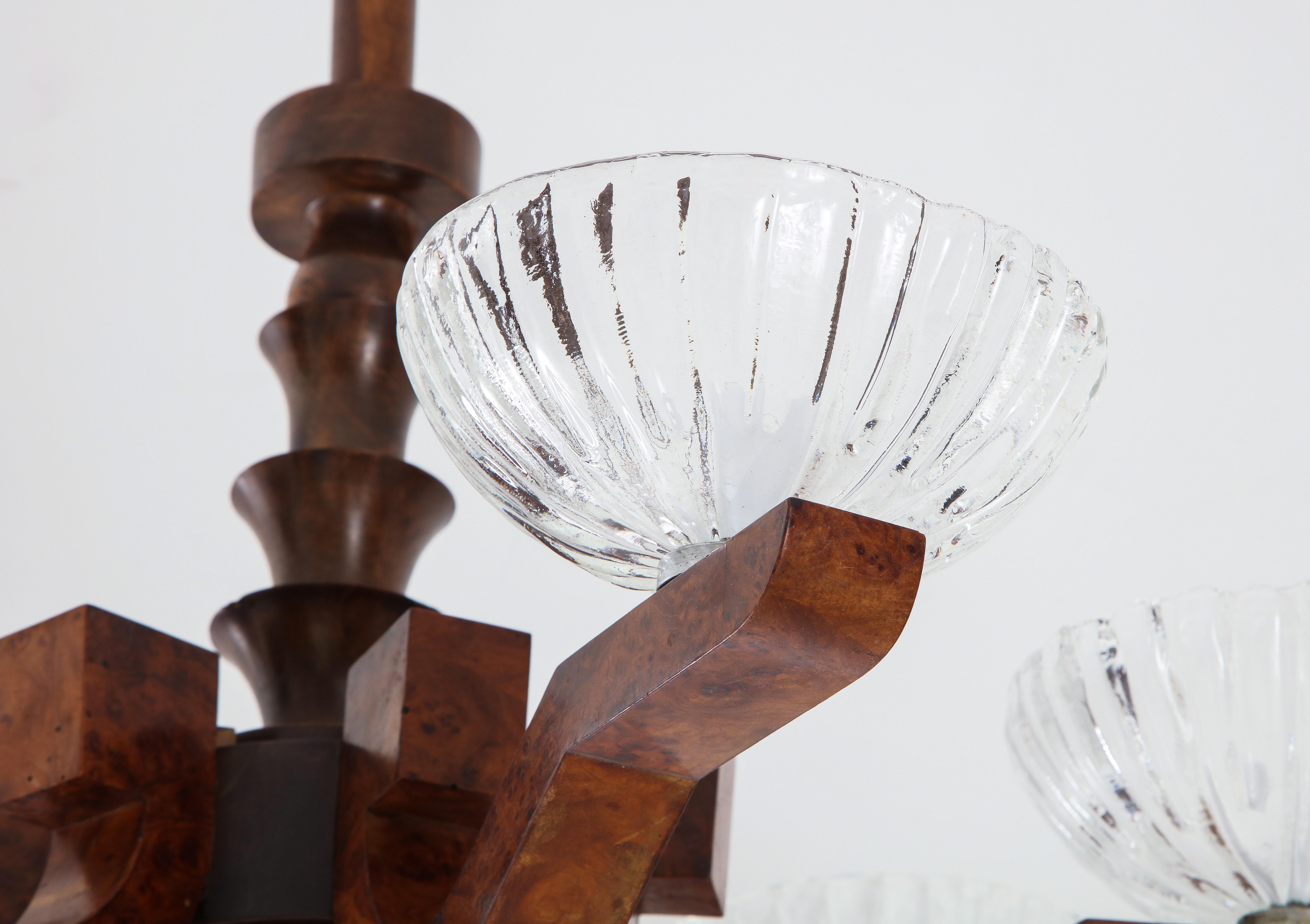 Italian Art Deco Burl Wood and Glass Chandelier For Sale 1