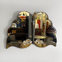 Italian Art Deco butterfly wall mirror with gold fabric beads decoration, 1940s
