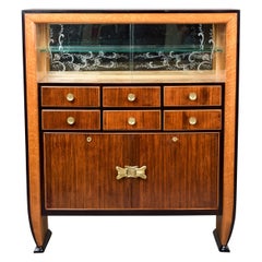 Italian Art Deco Cabinet with Glass Doors and Six Drawers