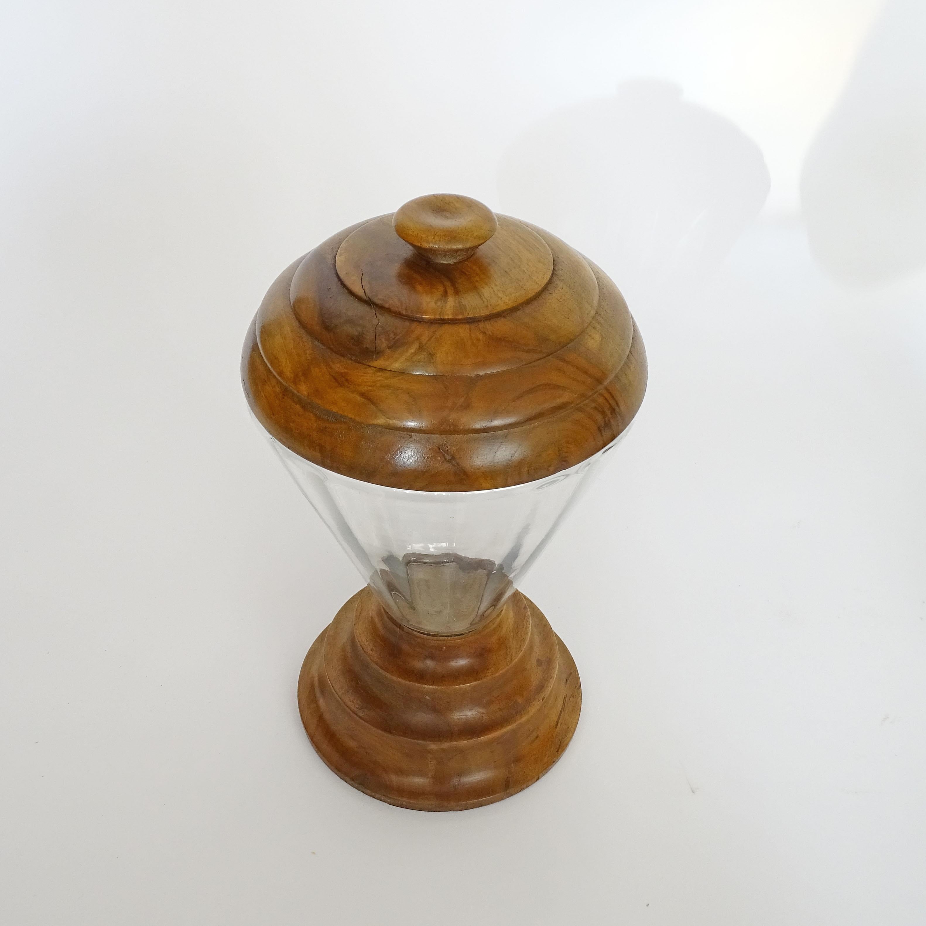 Mid-20th Century Italian Art Deco Candy Jar in Glass and Wood, 1930s For Sale