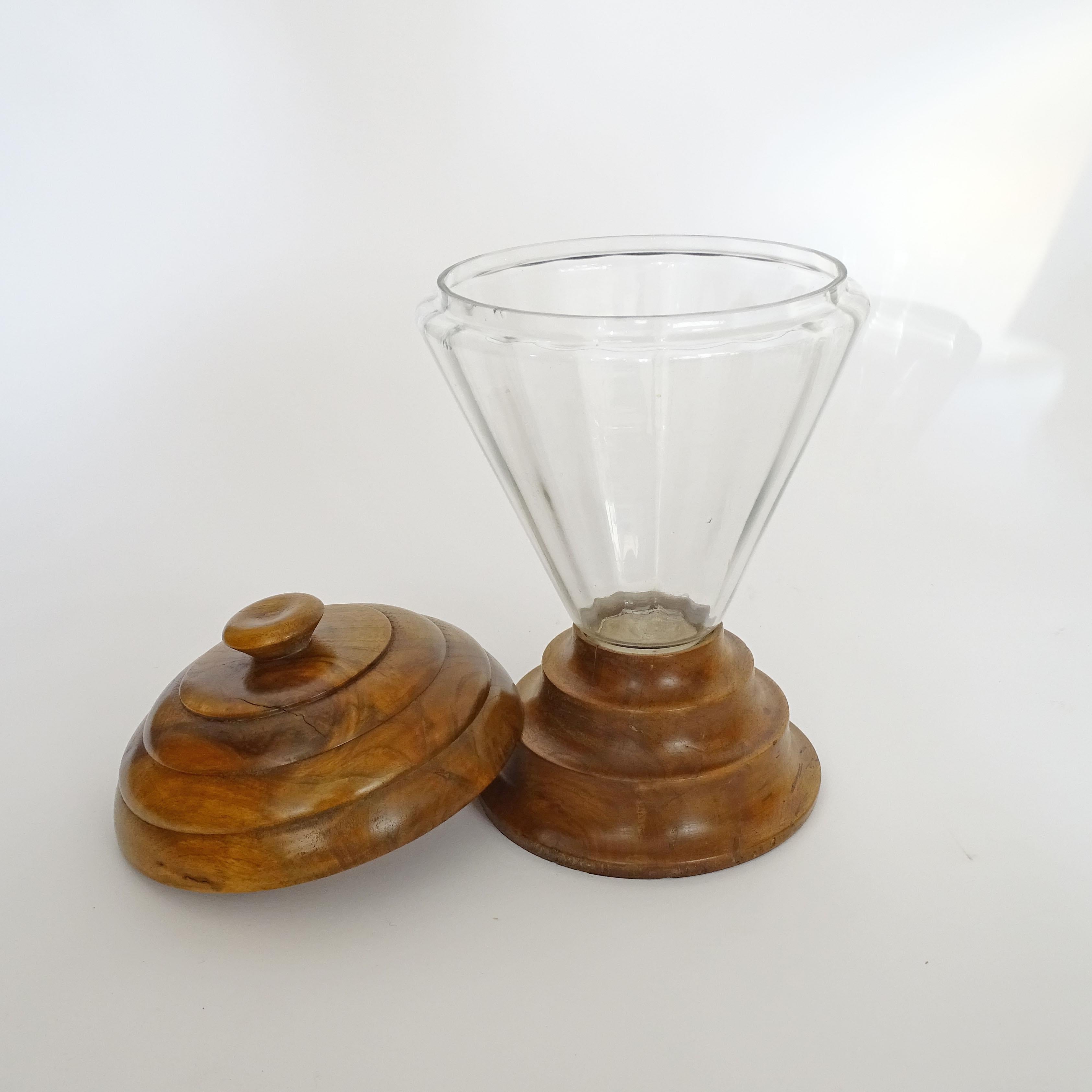 Italian Art Deco Candy Jar in Glass and Wood, 1930s For Sale 1