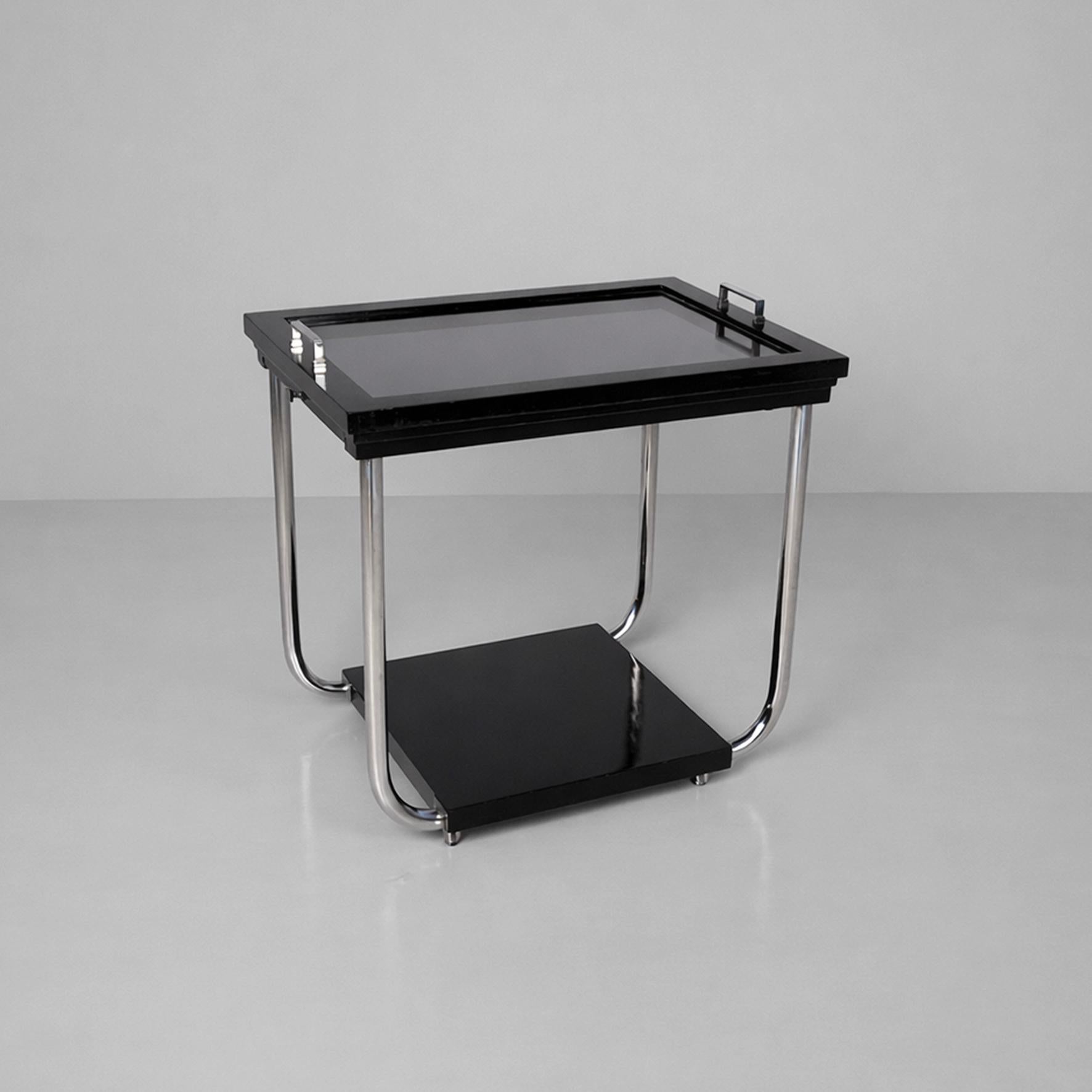Italian Art Deco cart in black wood, glass and steel, 1930s