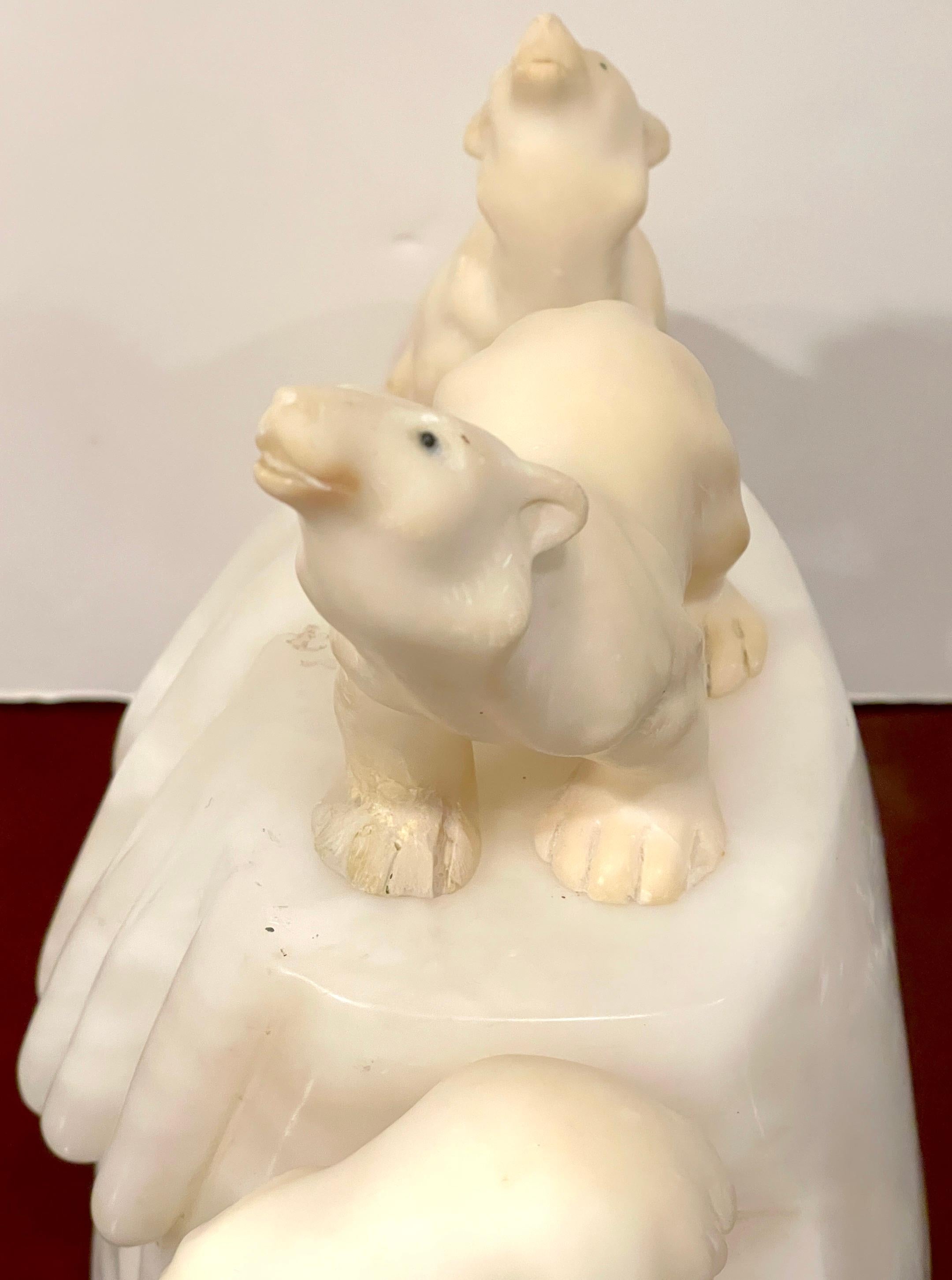 Italian Art Deco Carved Marble & Alabaster Polar Bear Motif Lamp  2