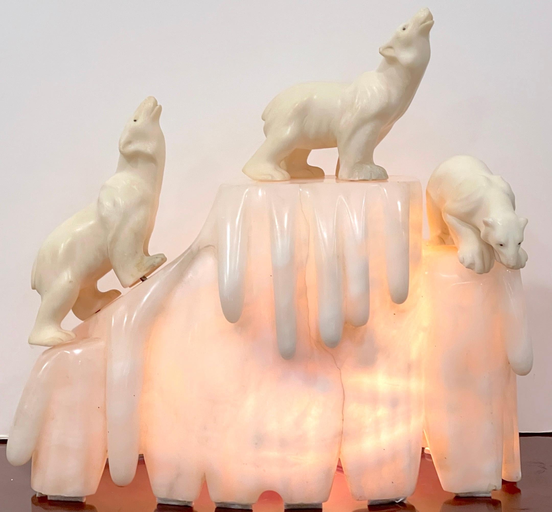 Italian Art Deco Carved Marble & Alabaster Polar Bear Motif Lamp  4