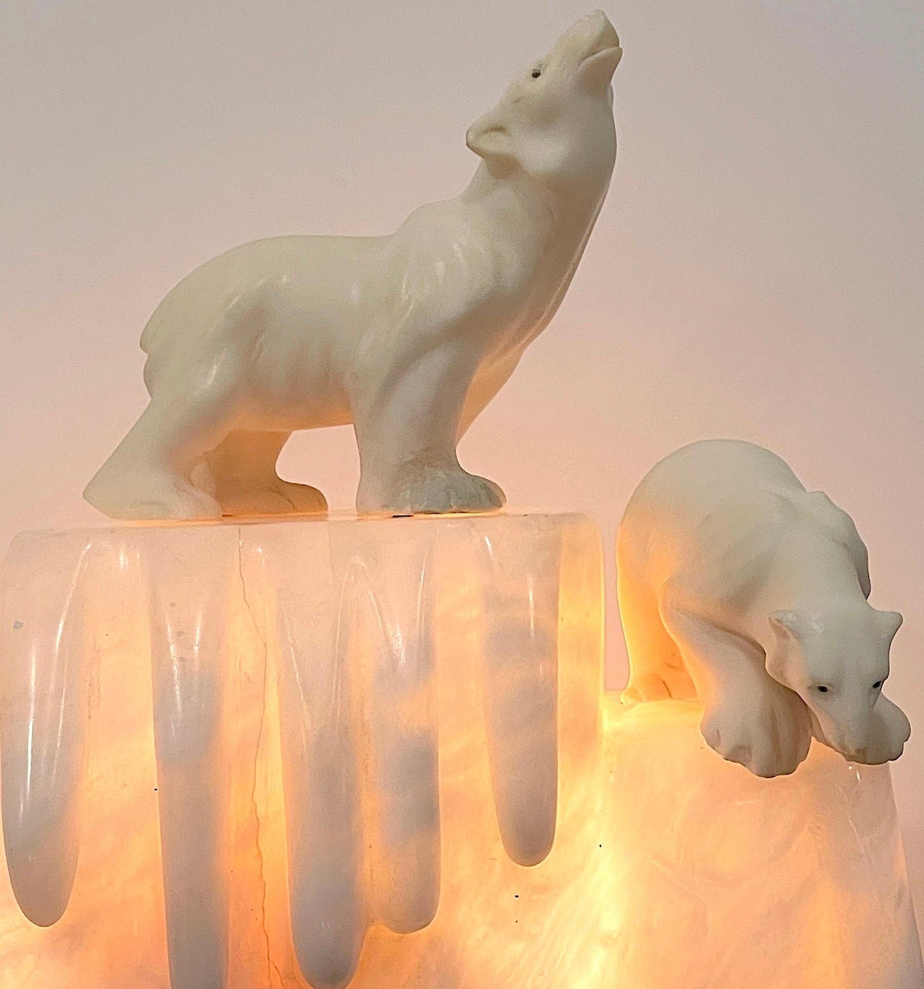 Italian Art Deco Carved Marble & Alabaster Polar Bear Motif Lamp  5