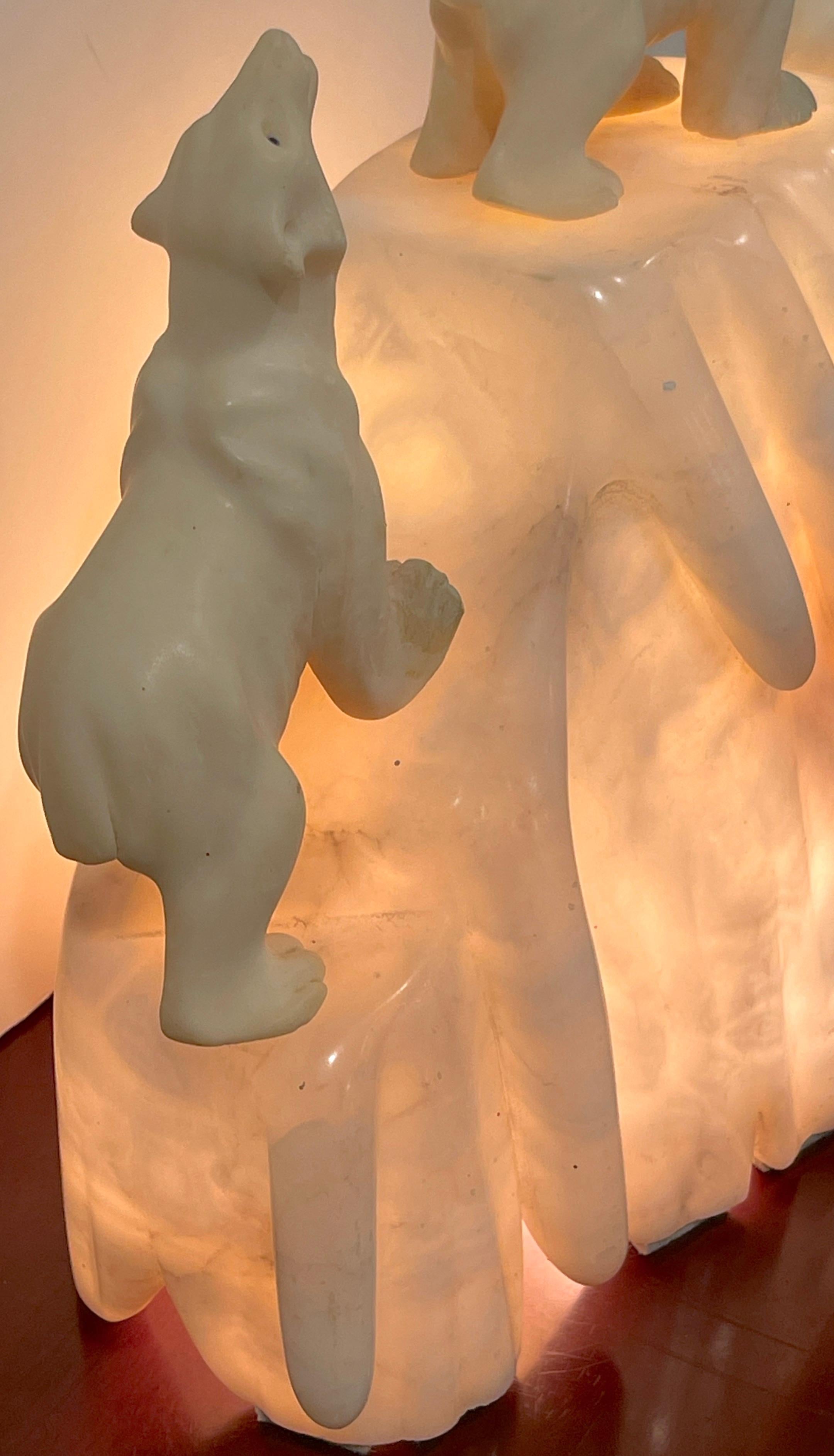 Italian Art Deco Carved Marble & Alabaster Polar Bear Motif Lamp  6