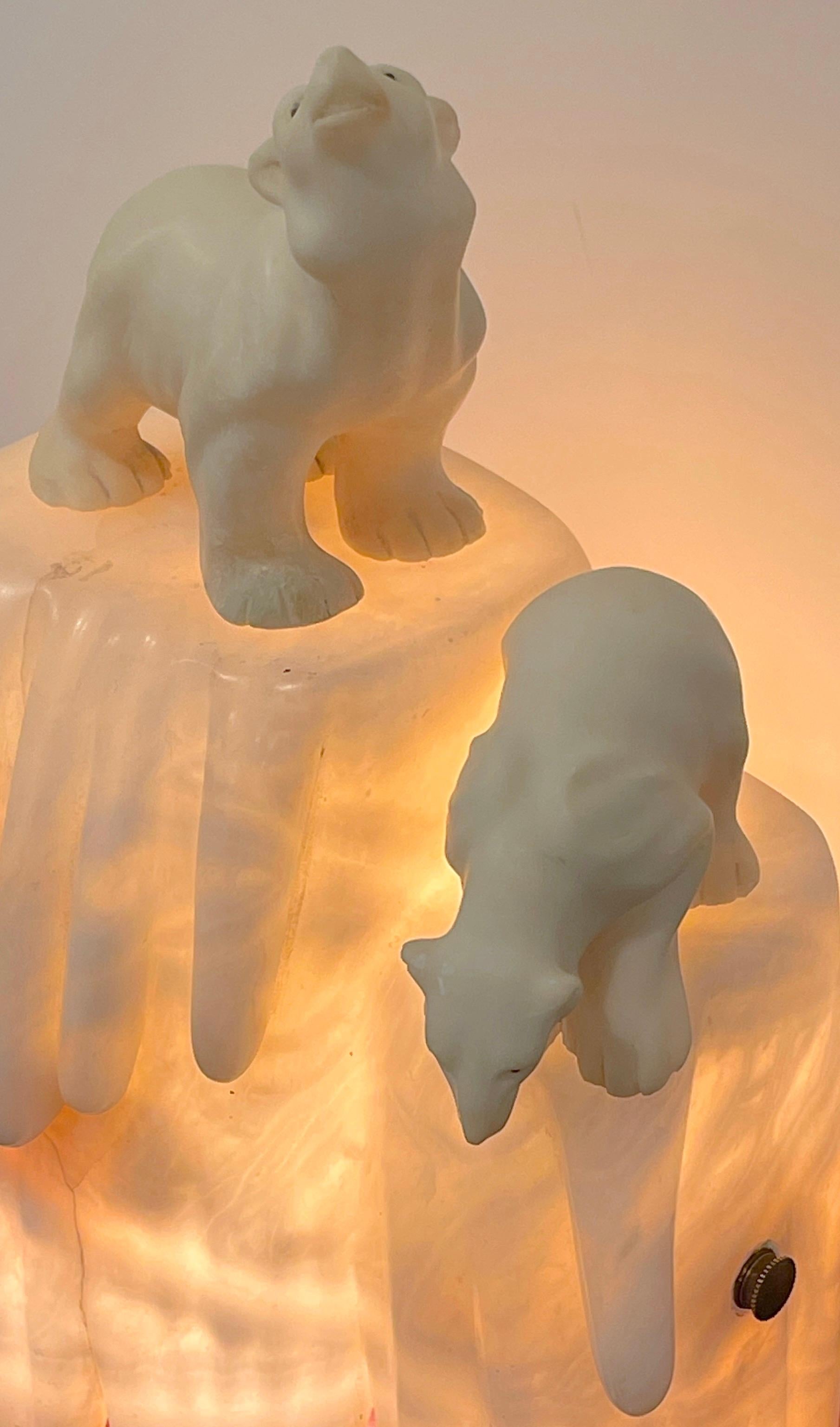 Italian Art Deco Carved Marble & Alabaster Polar Bear Motif Lamp  7
