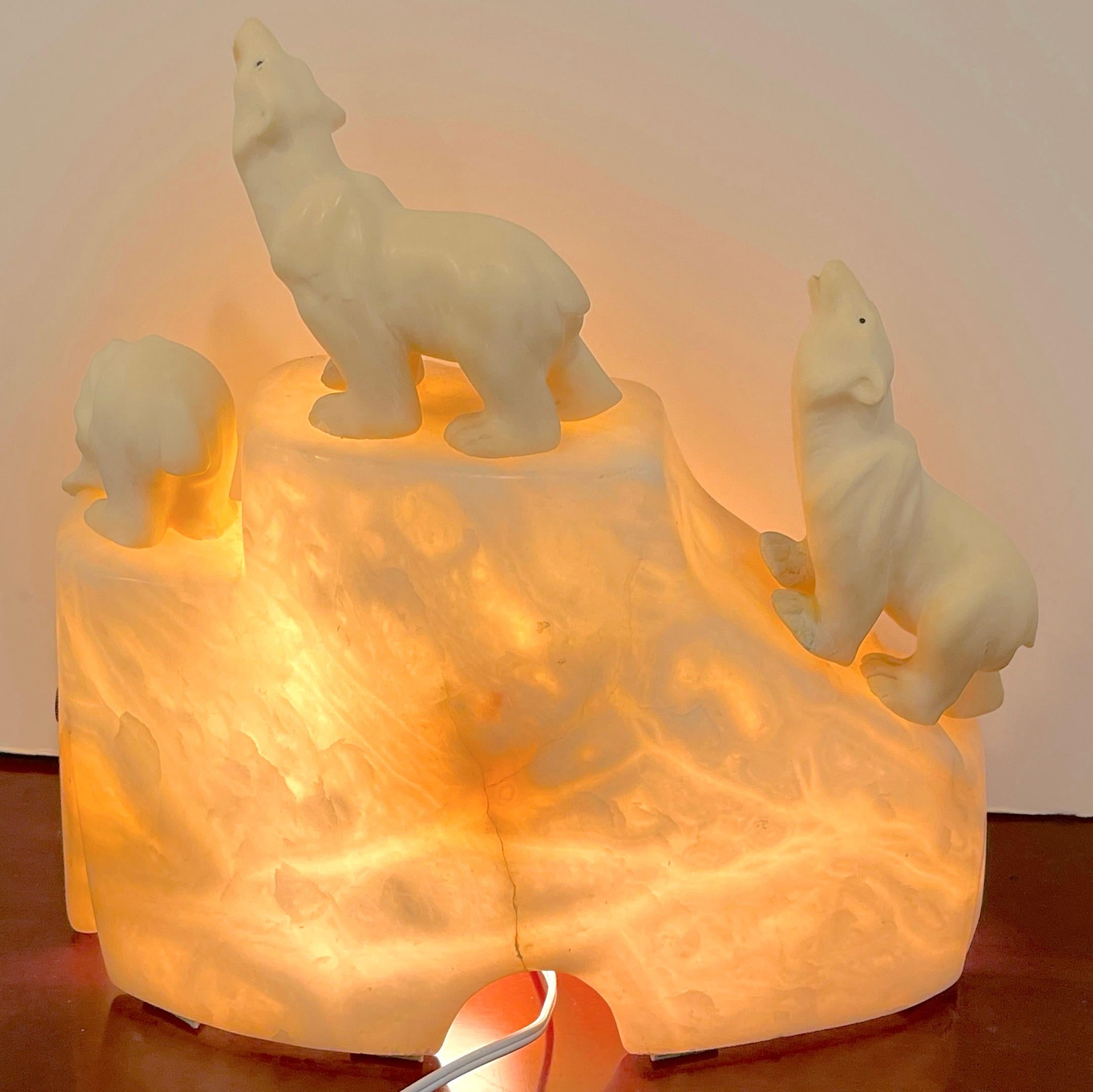 Italian Art Deco Carved Marble & Alabaster Polar Bear Motif Lamp  8