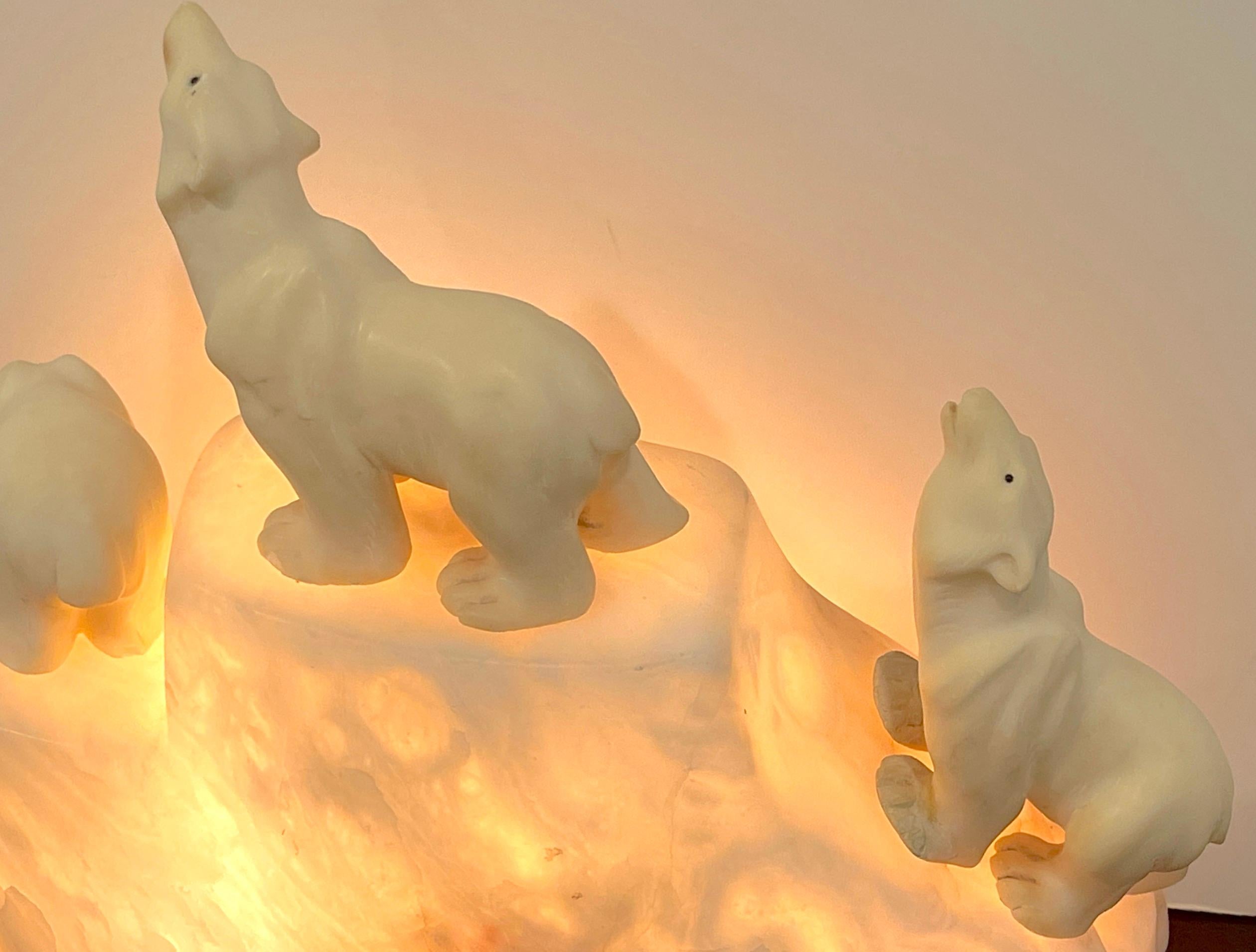 Italian Art Deco Carved Marble & Alabaster Polar Bear Motif Lamp 8