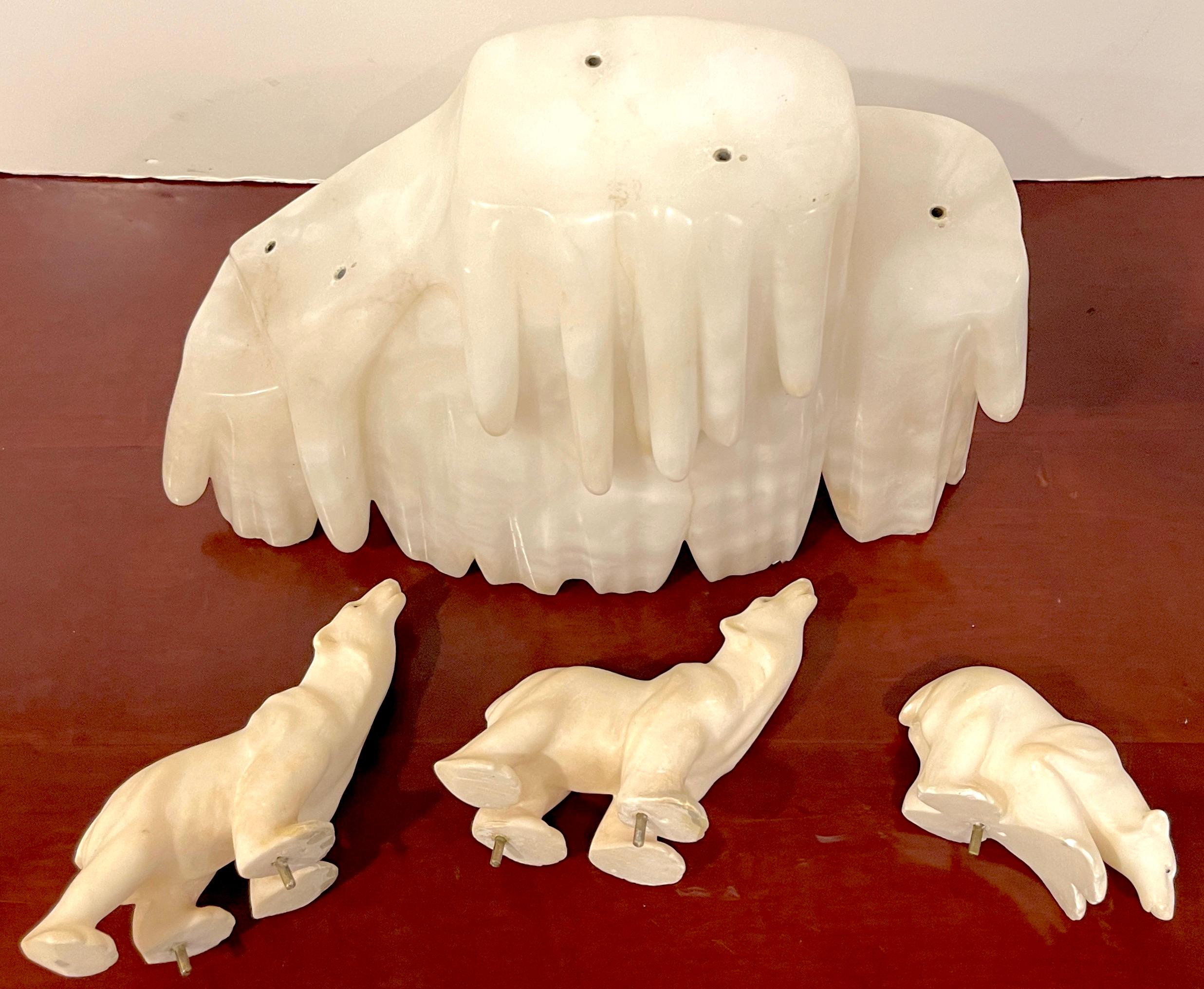 Italian Art Deco Carved Marble & Alabaster Polar Bear Motif Lamp 9