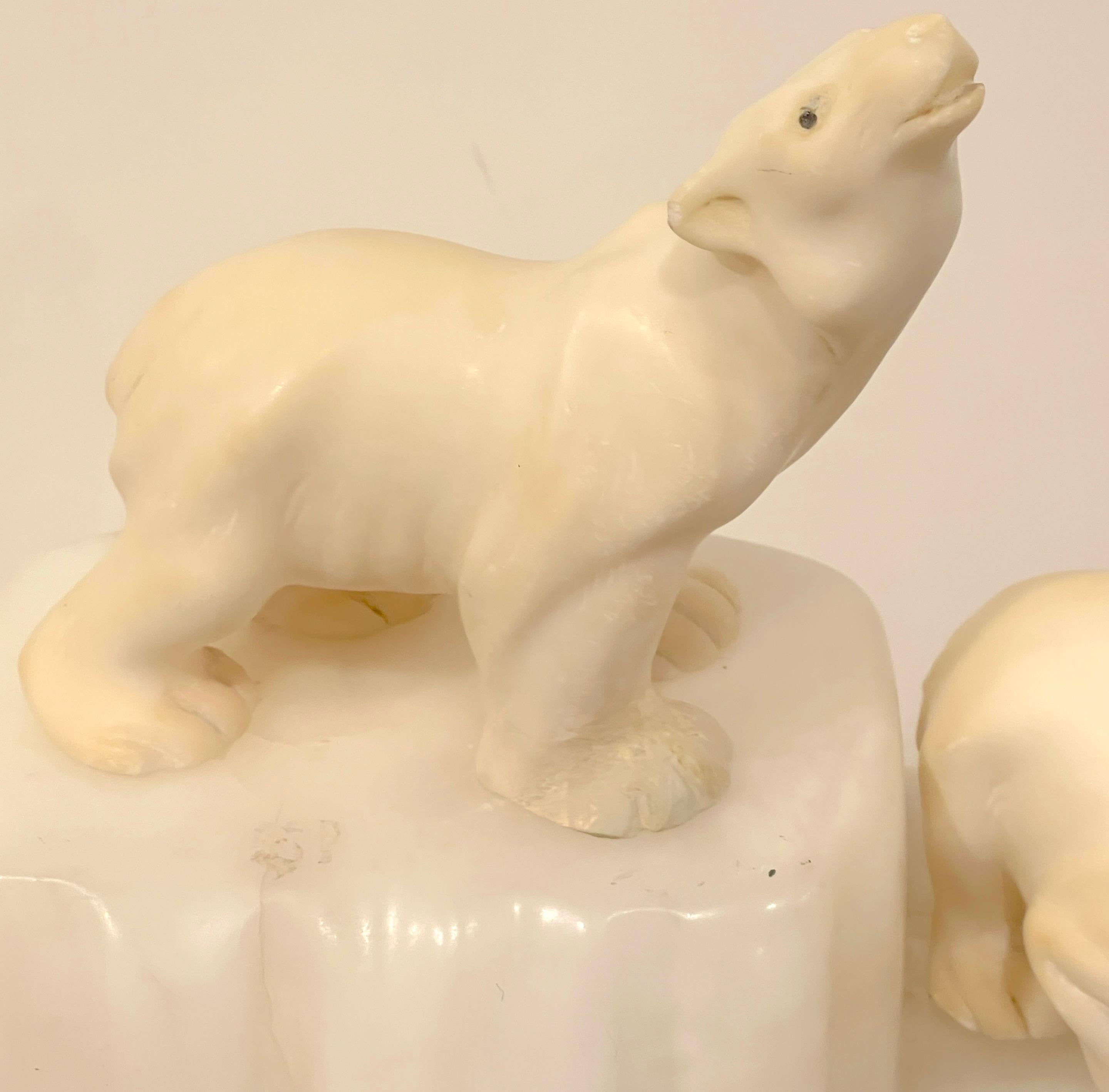 Hand-Carved Italian Art Deco Carved Marble & Alabaster Polar Bear Motif Lamp 