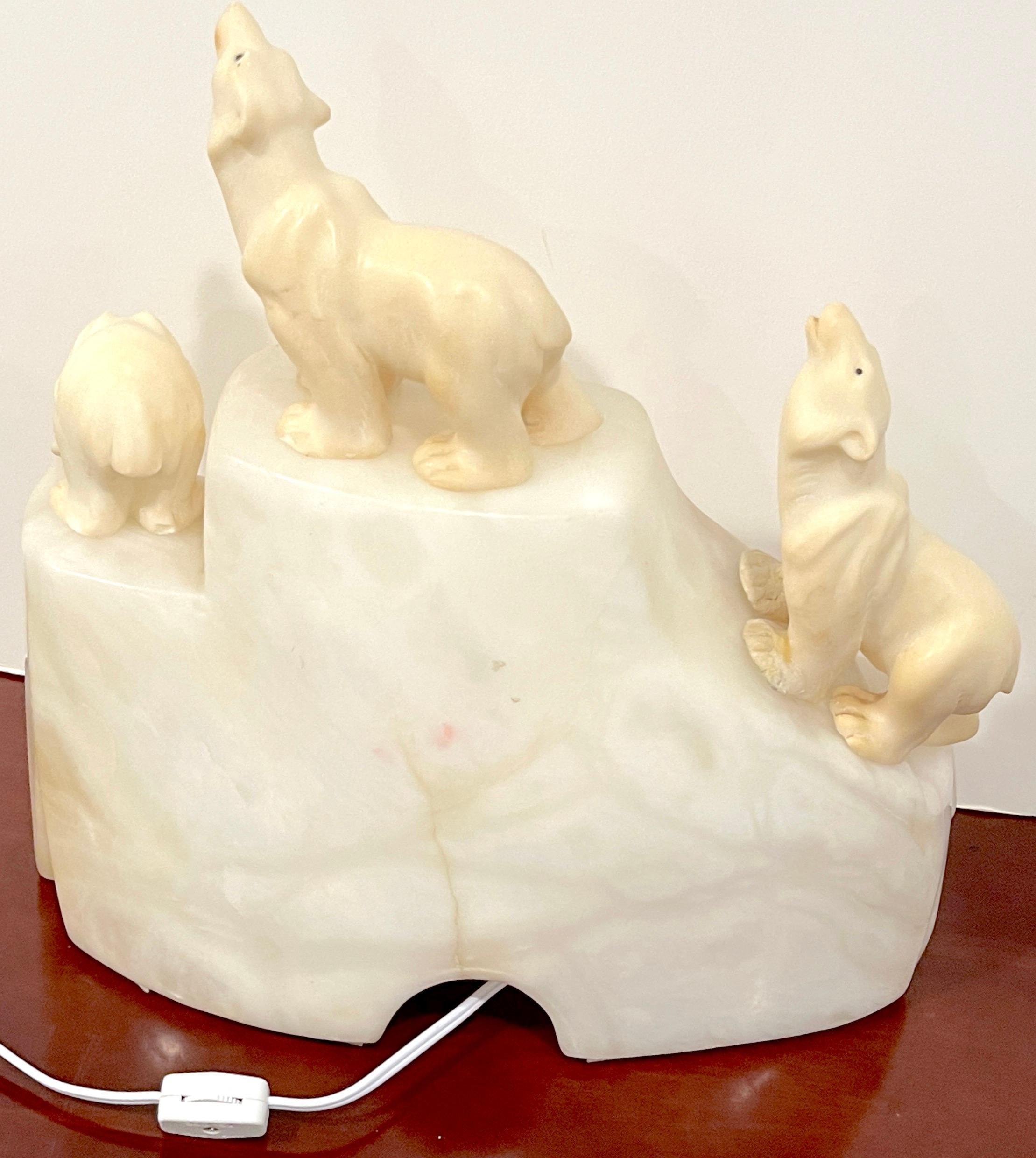 20th Century Italian Art Deco Carved Marble & Alabaster Polar Bear Motif Lamp 