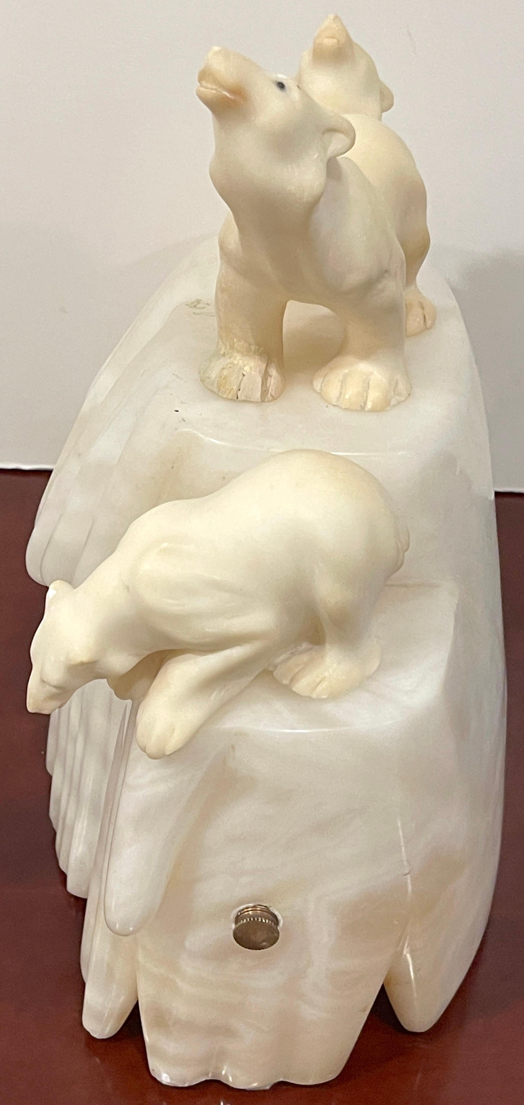 Italian Art Deco Carved Marble & Alabaster Polar Bear Motif Lamp  1