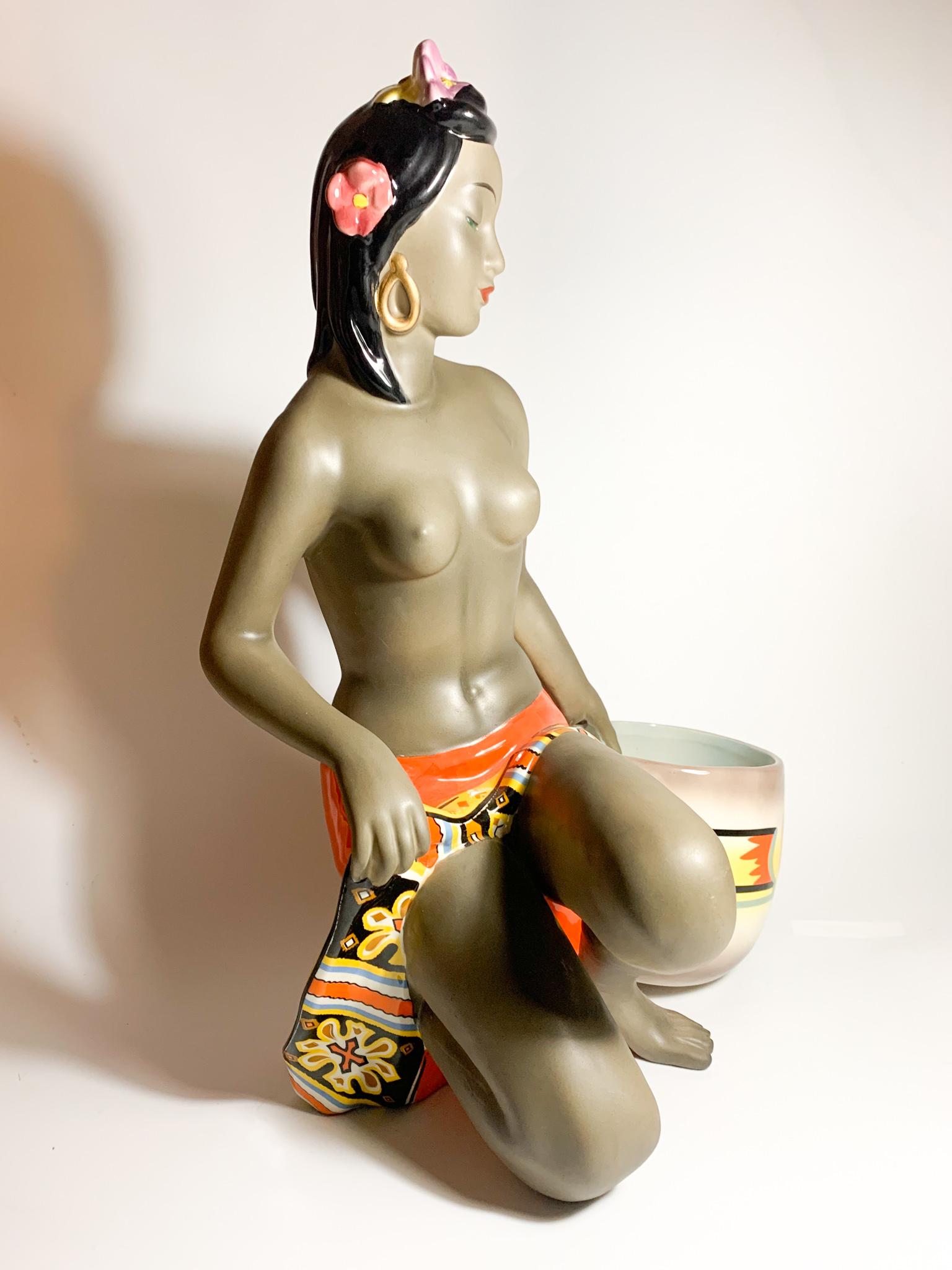 Mid-20th Century Italian Art Deco Ceramic Sculpture of Ethnic Lady of C.I.A. Manna Turin 50s