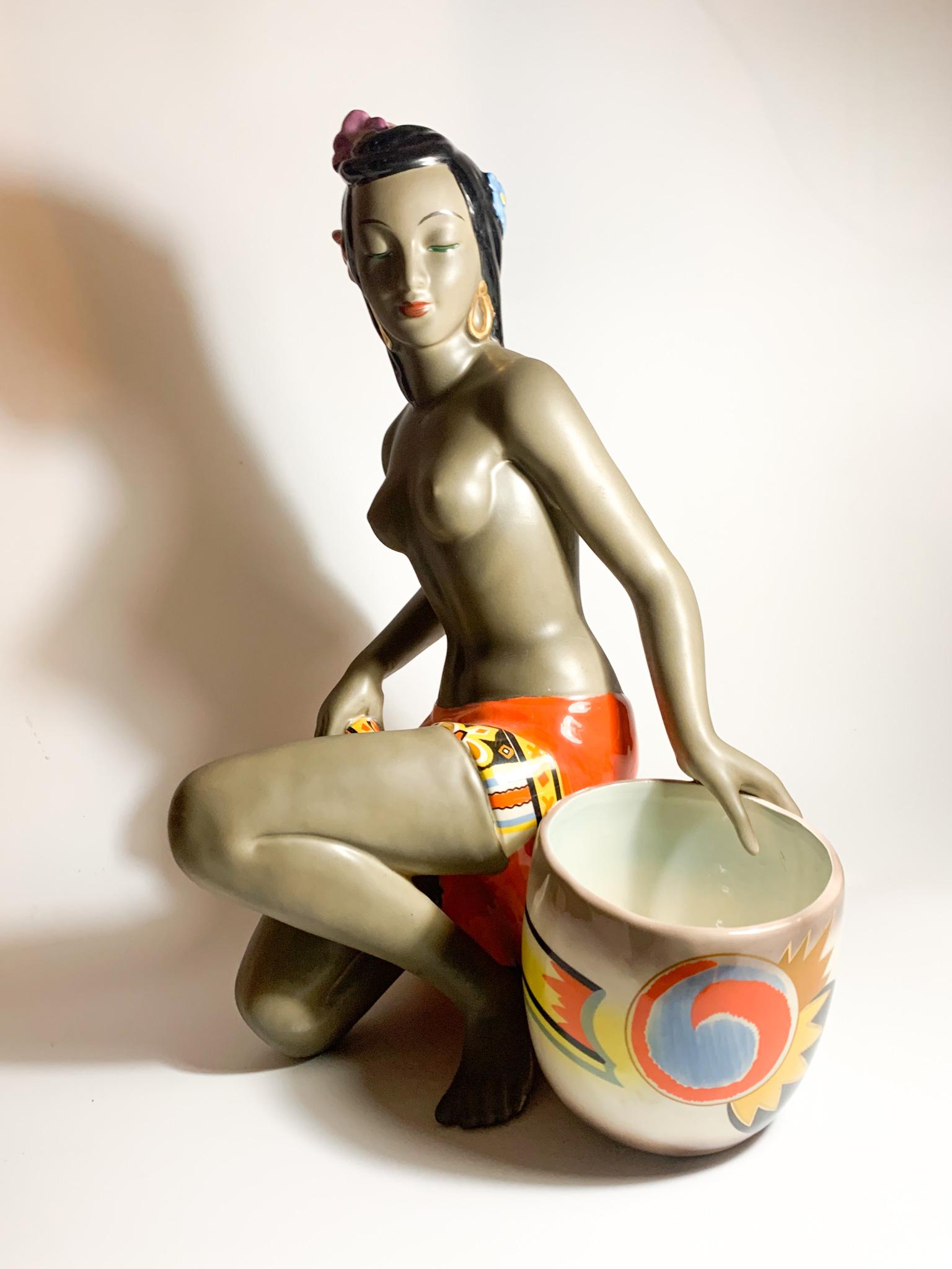 Italian Art Deco Ceramic Sculpture of Ethnic Lady of C.I.A. Manna Turin 50s 1