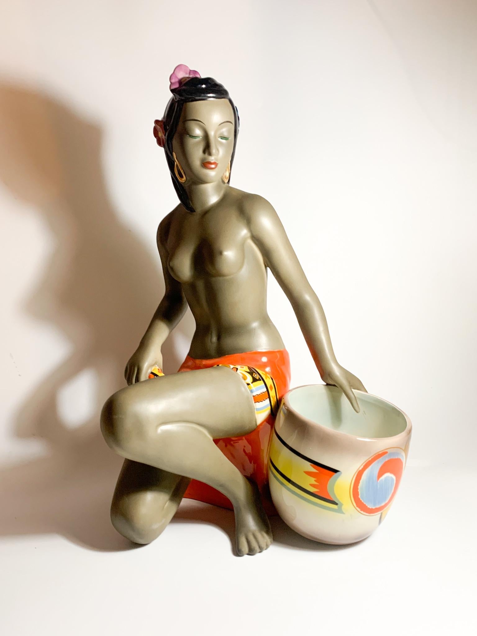 Italian Art Deco Ceramic Sculpture of Ethnic Lady of C.I.A. Manna Turin 50s 4