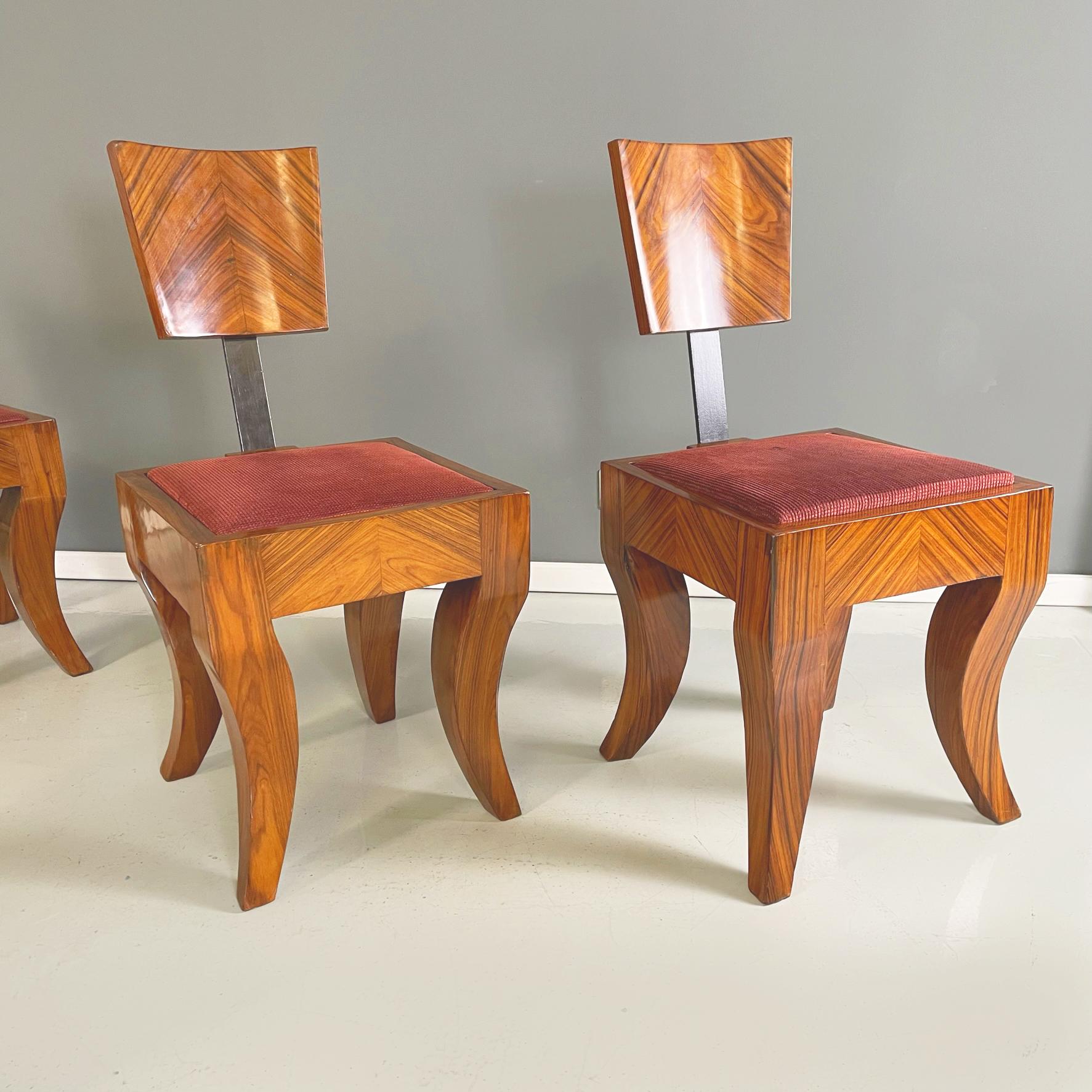 Italian Art Deco Chairs in Solid Wood, Black Metal and Red Fabric, 1920s-1930s In Good Condition For Sale In MIlano, IT