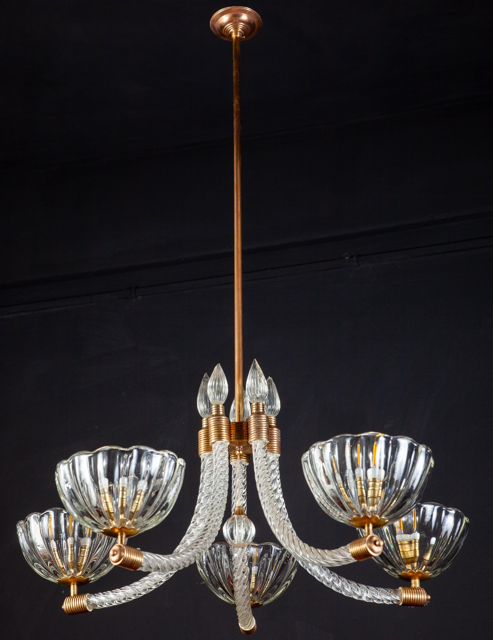 Mid-20th Century Italian Art Deco Chandelier by Barovier & Toso Murano, 1940 For Sale