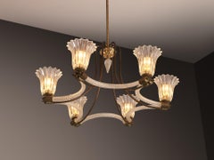 Italian Art Deco Chandelier in Glass and Brass with Flower-Shaped Shades