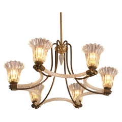 Italian Art Deco Chandelier in Glass and Brass with Flower-Shaped Shades