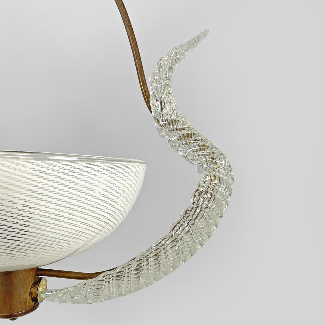 Italian Art Deco chandelier transparent and white Murano glass and brass, 1940s For Sale 9
