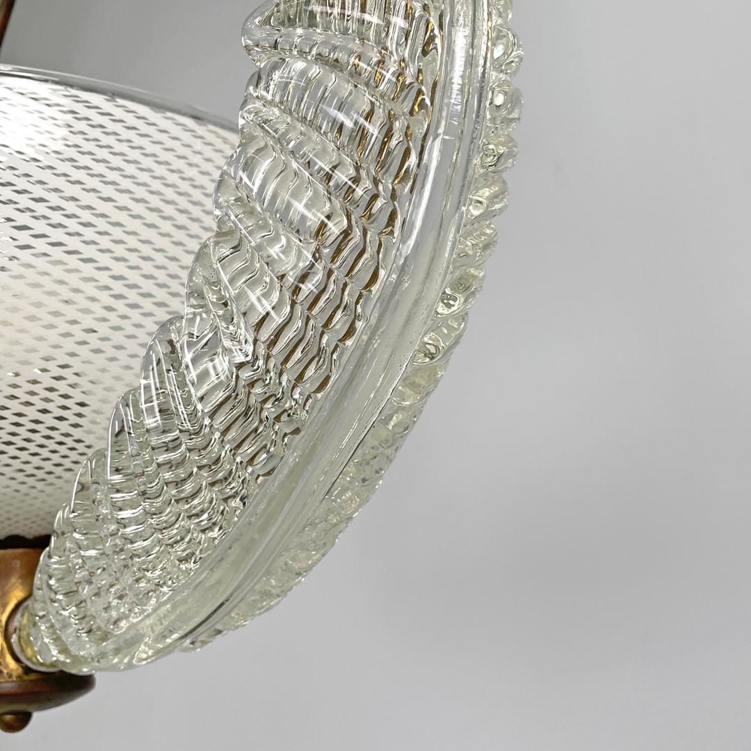 Italian Art Deco chandelier transparent and white Murano glass and brass, 1940s For Sale 11