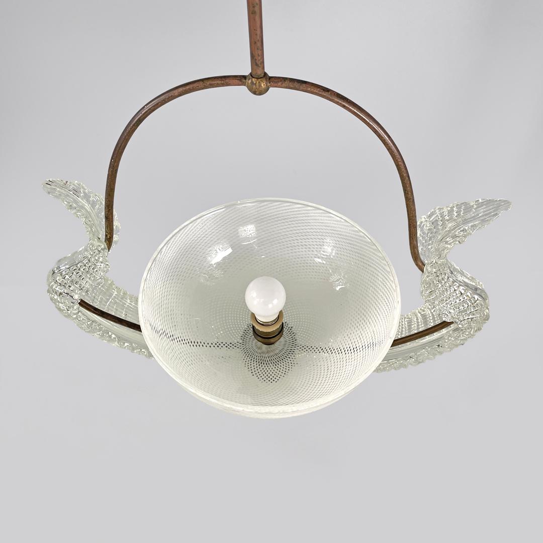 Italian Art Deco chandelier transparent and white Murano glass and brass, 1940s For Sale 12