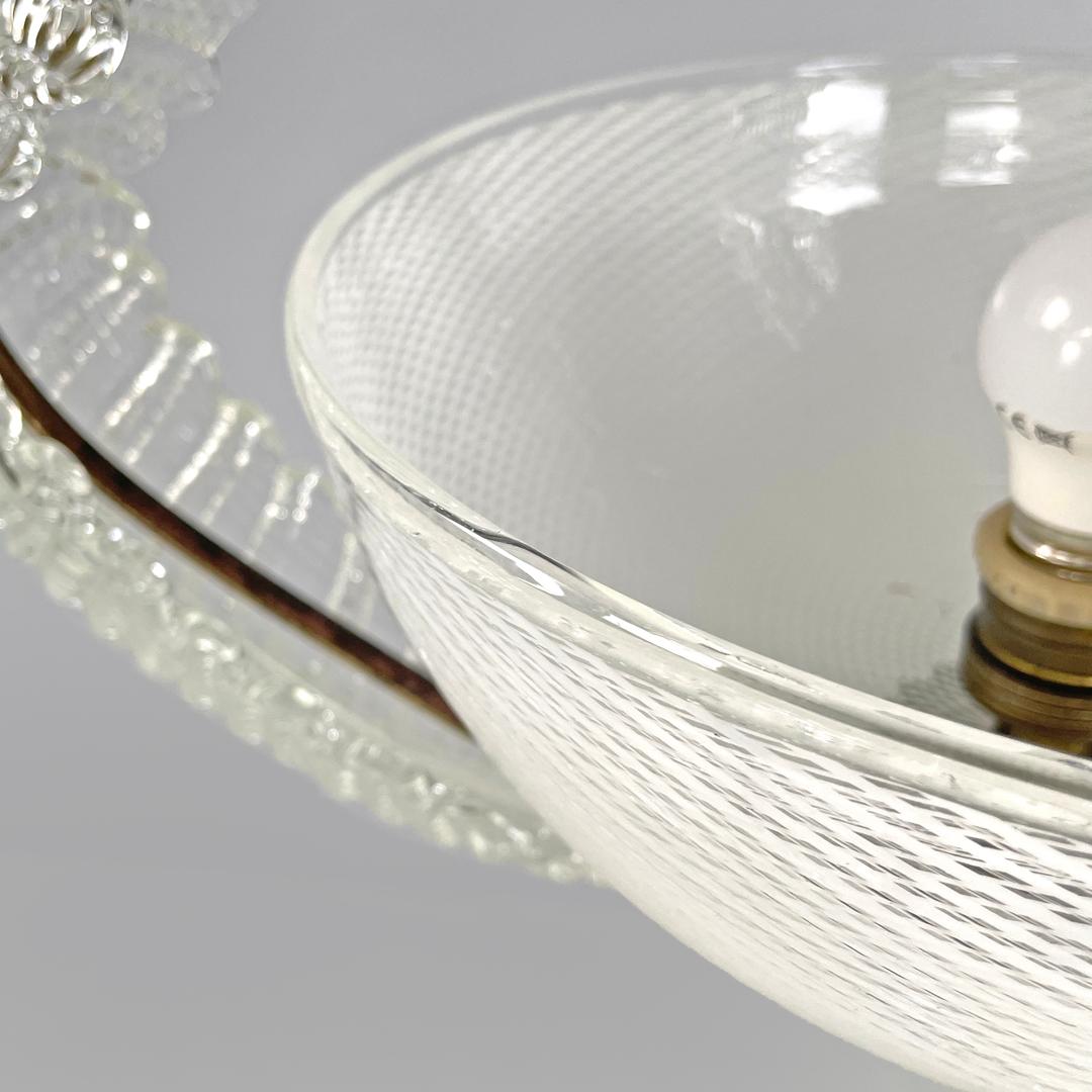 Italian Art Deco chandelier transparent and white Murano glass and brass, 1940s For Sale 13