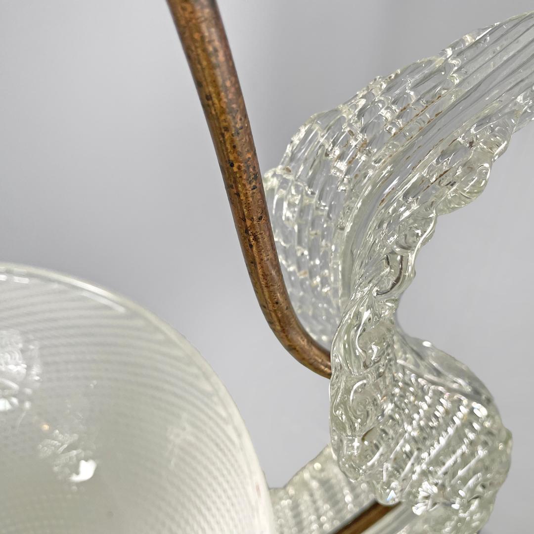 Italian Art Deco chandelier transparent and white Murano glass and brass, 1940s For Sale 14