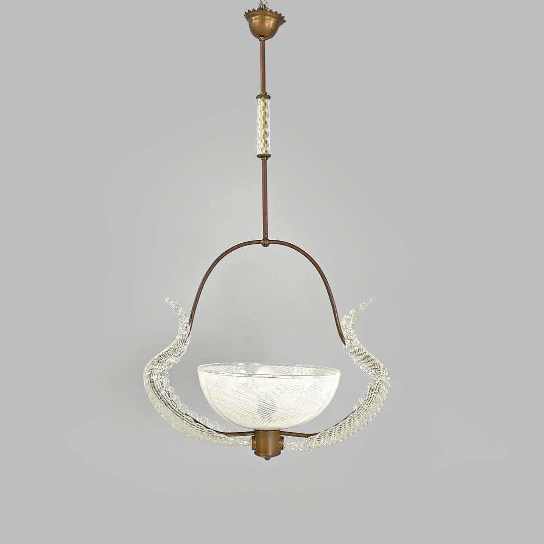Mid-20th Century Italian Art Deco chandelier transparent and white Murano glass and brass, 1940s For Sale