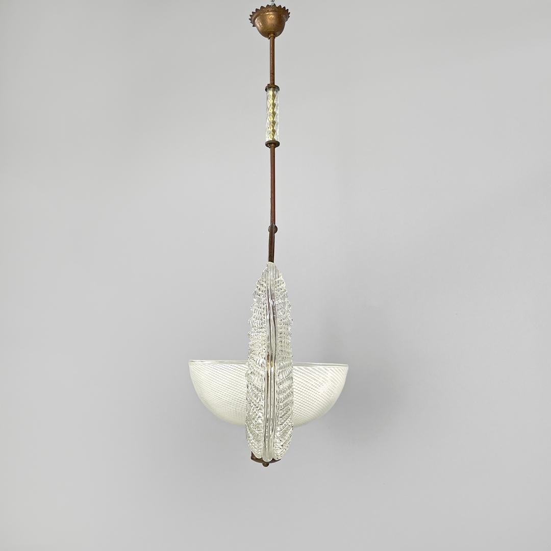 Brass Italian Art Deco chandelier transparent and white Murano glass and brass, 1940s For Sale