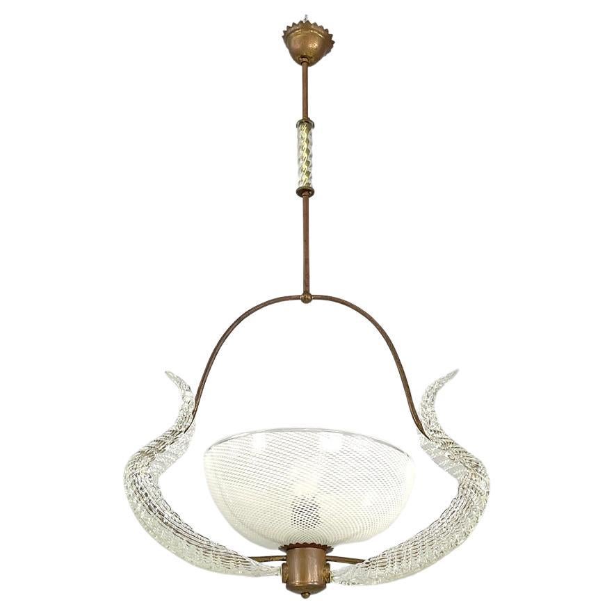 Italian Art Deco chandelier transparent and white Murano glass and brass, 1940s