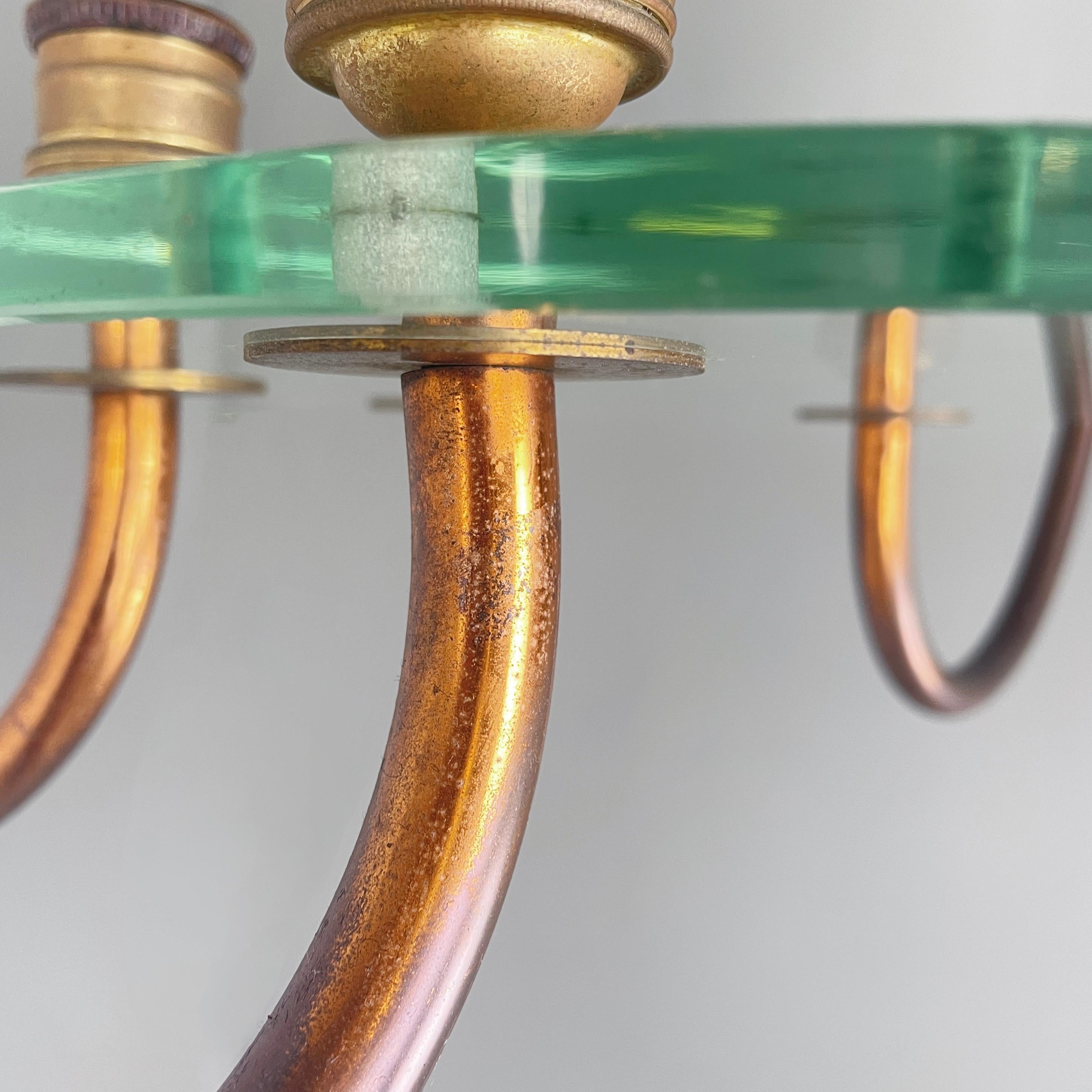 Italian art deco chandelier with six light in copper and glass, 1940s in vendita 4