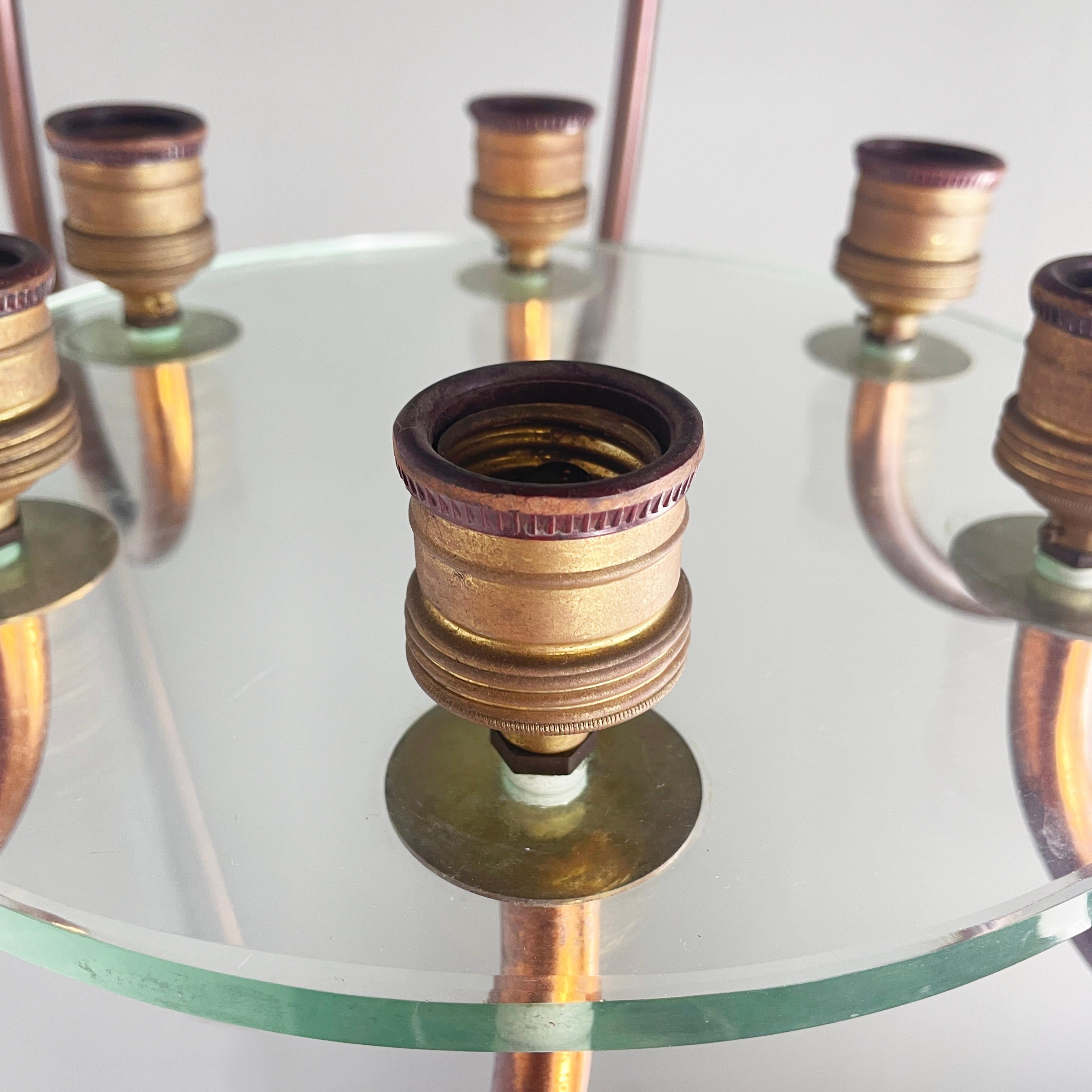 Italian art deco chandelier with six light in copper and glass, 1940s in vendita 5