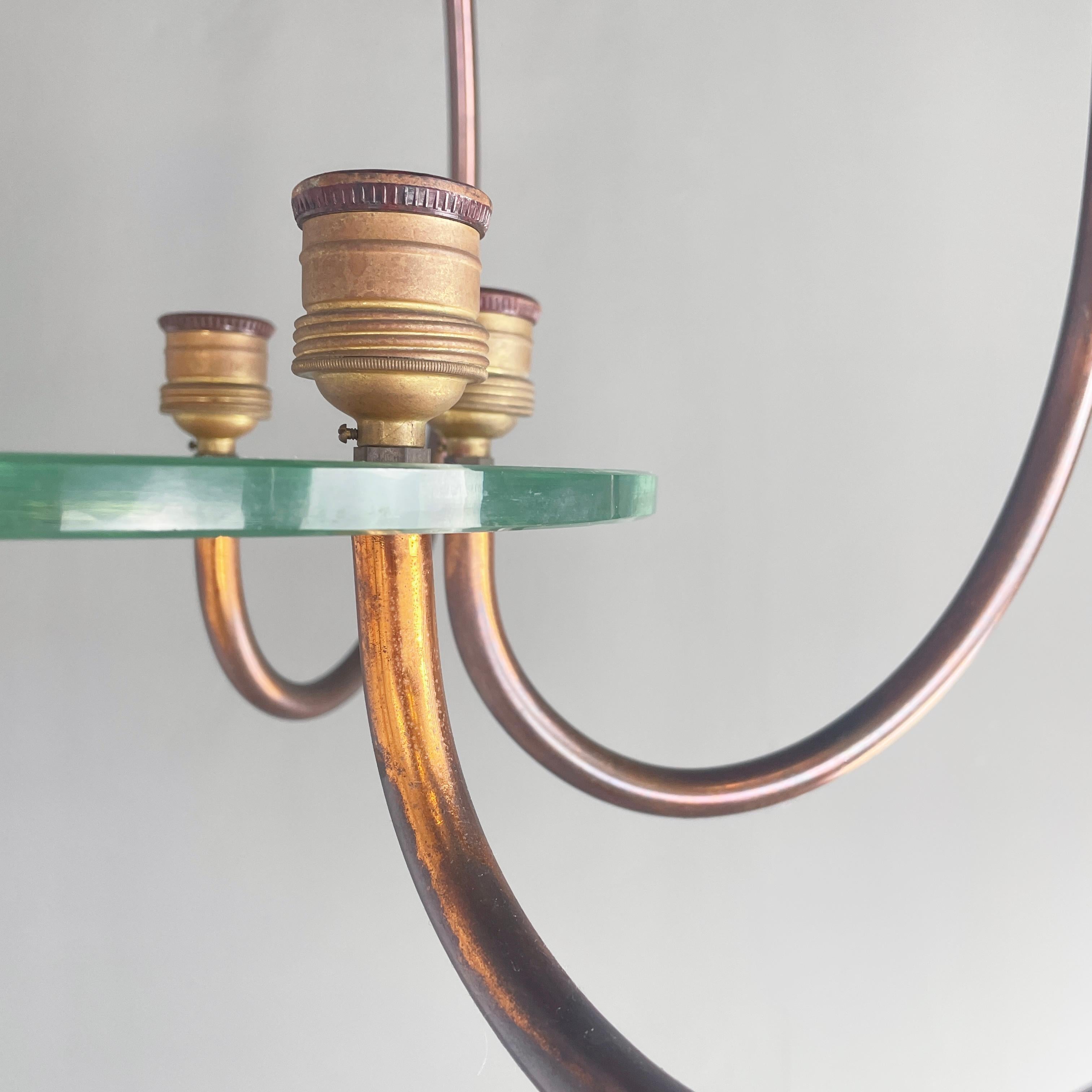 Italian art deco chandelier with six light in copper and glass, 1940s in vendita 6