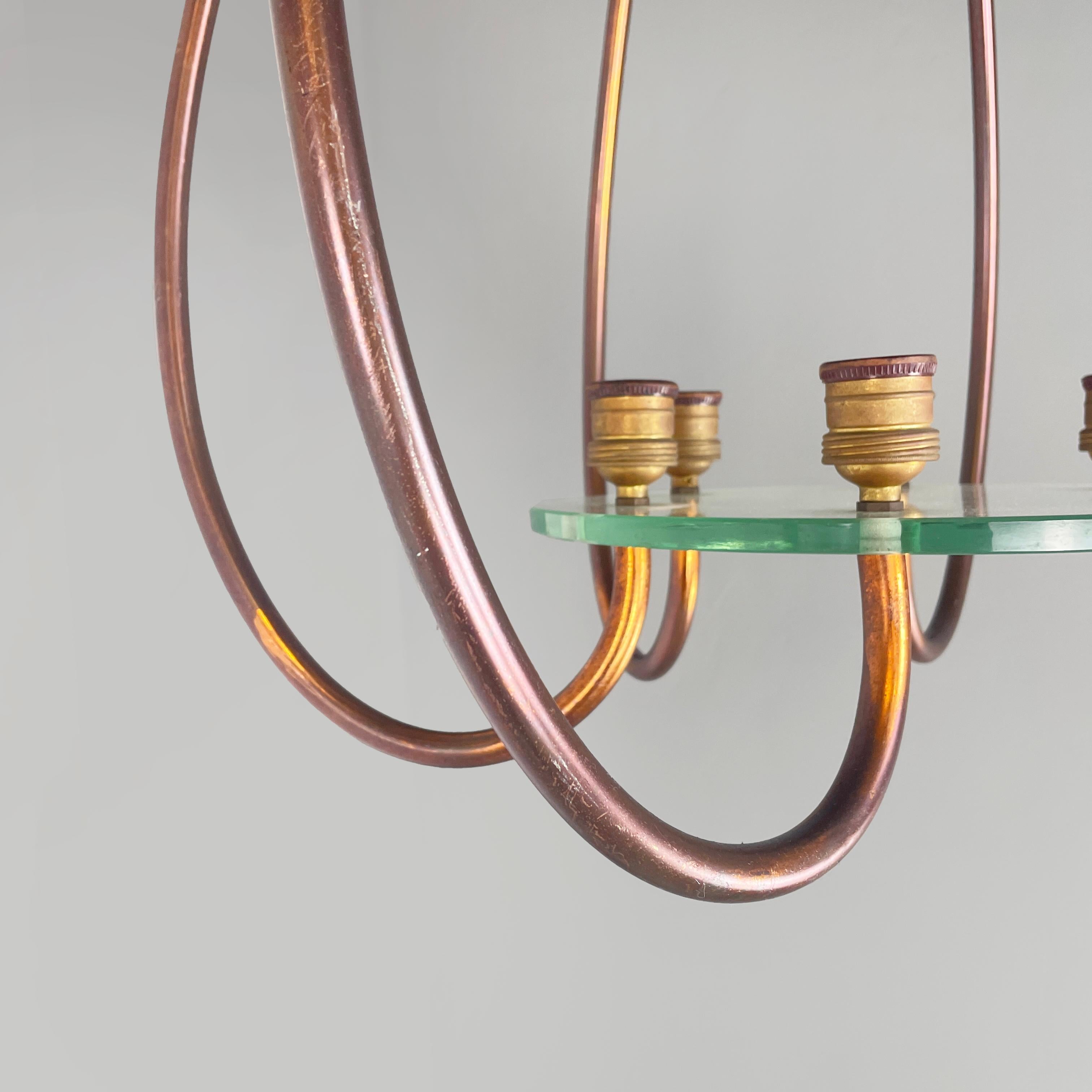 Italian art deco chandelier with six light in copper and glass, 1940s in vendita 7