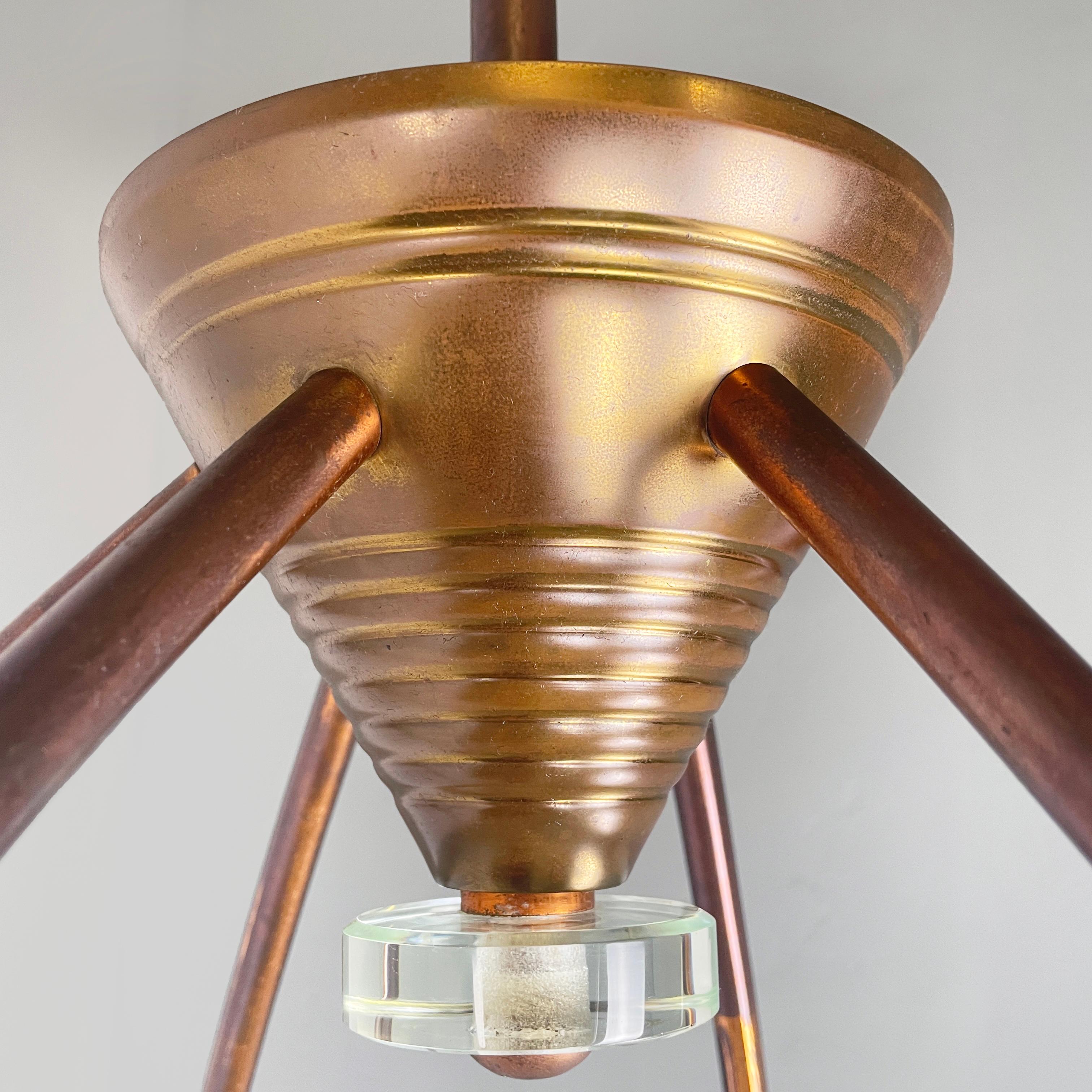 Italian art deco chandelier with six light in copper and glass, 1940s in vendita 10