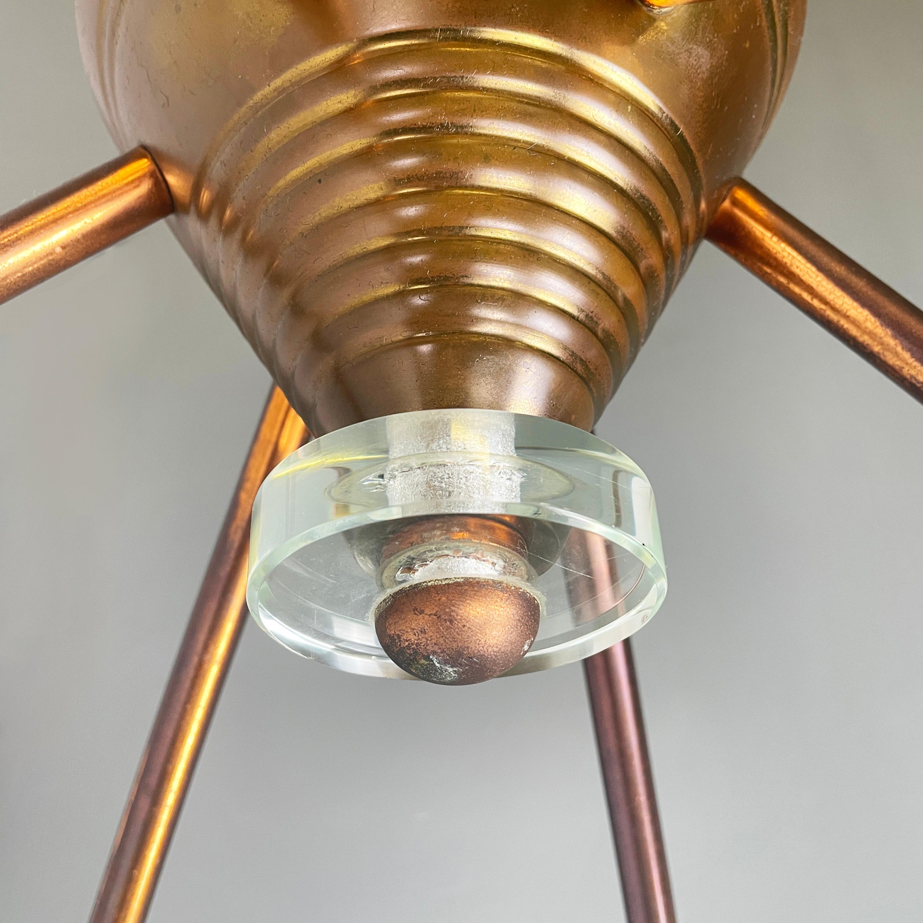 Italian art deco chandelier with six light in copper and glass, 1940s in vendita 11