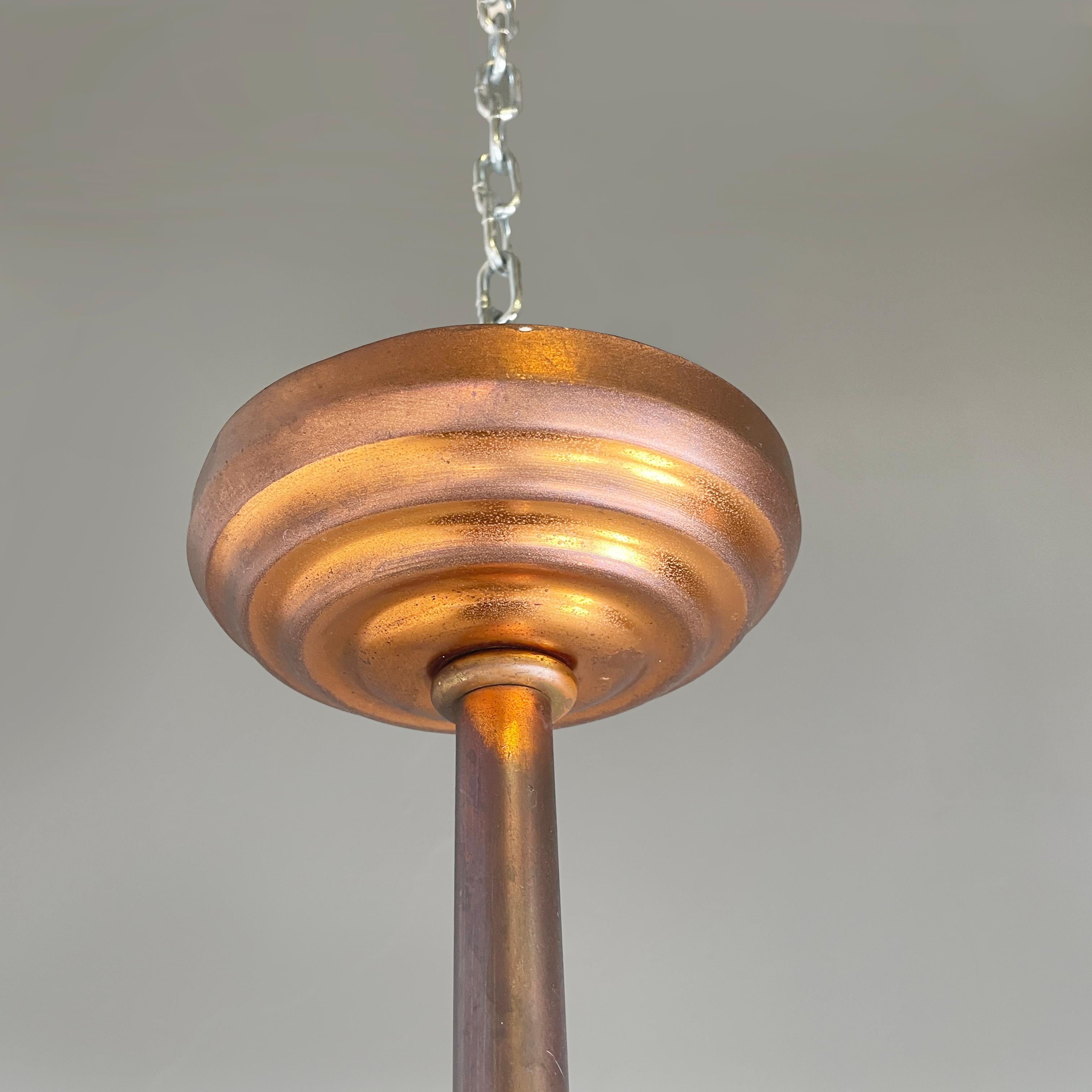 Italian art deco chandelier with six light in copper and glass, 1940s in vendita 12