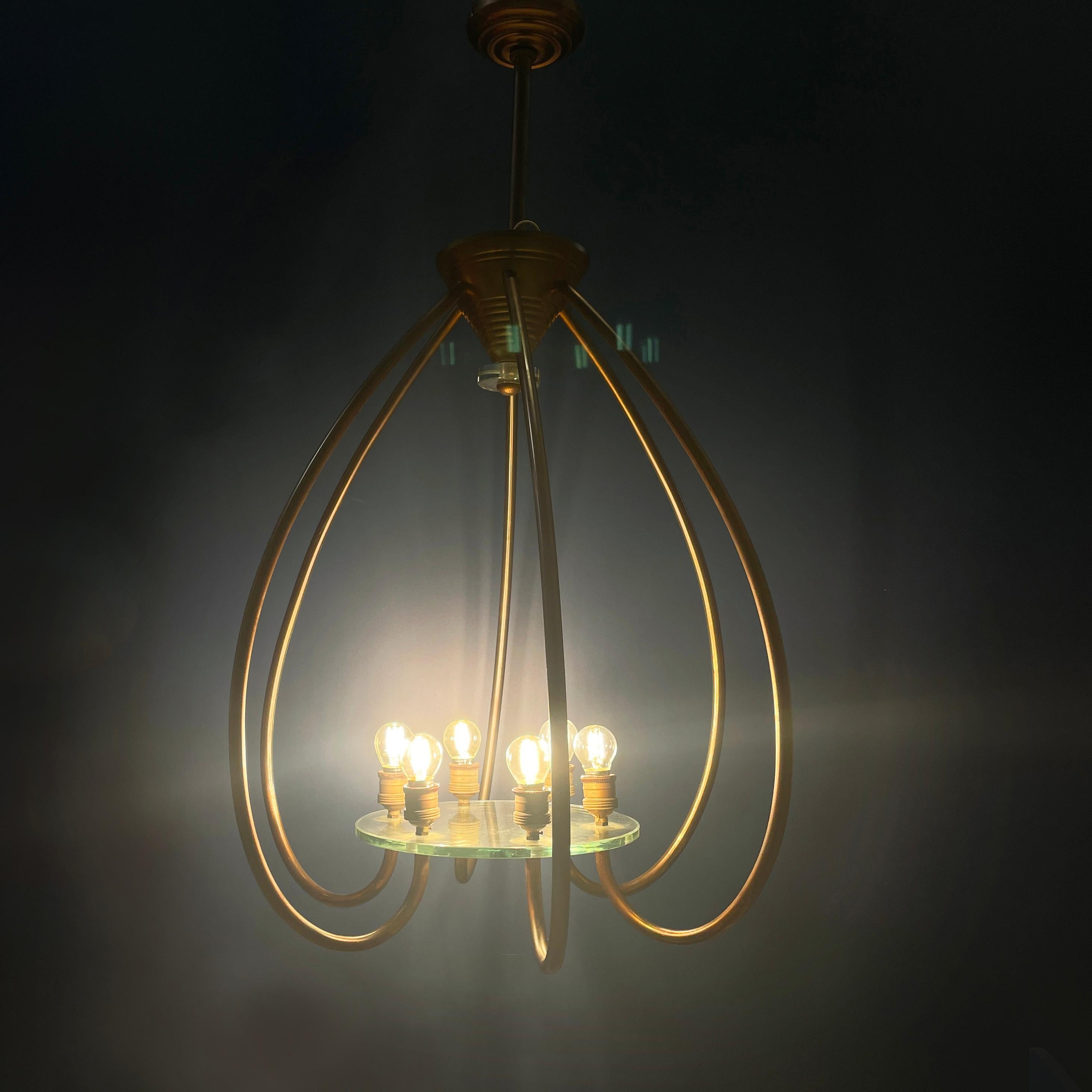 Art Déco Italian art deco chandelier with six light in copper and glass, 1940s in vendita