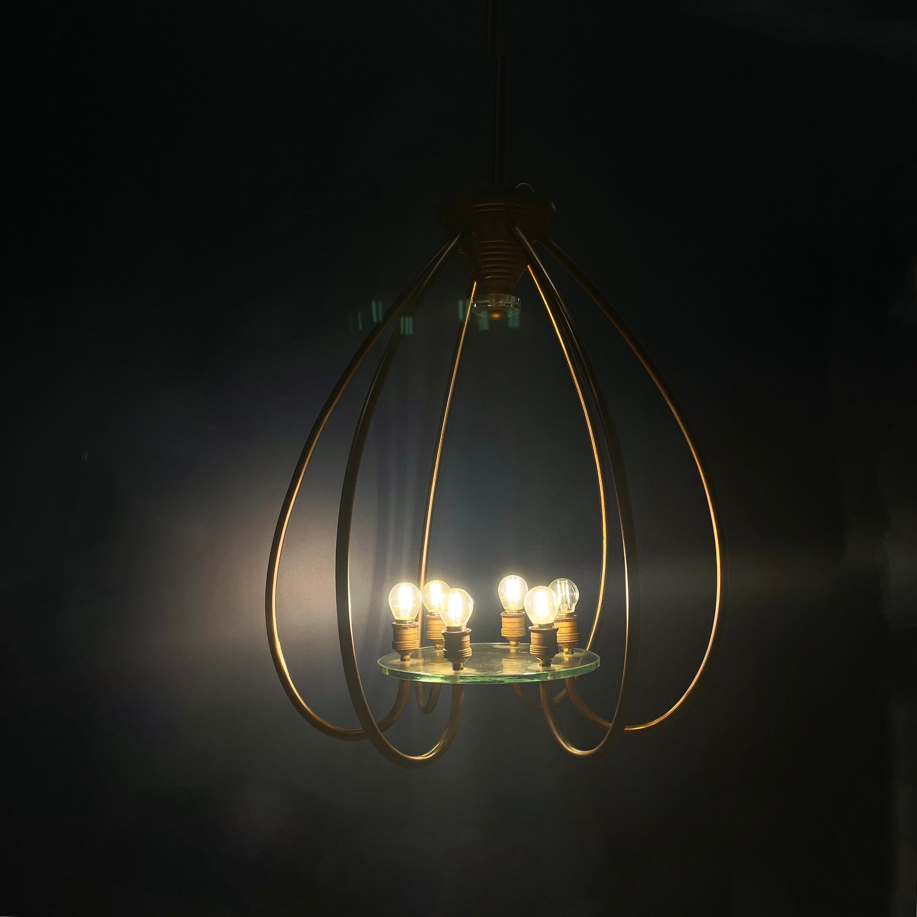 Mid-20th Century Italian art deco chandelier with six light in copper and glass, 1940s in vendita