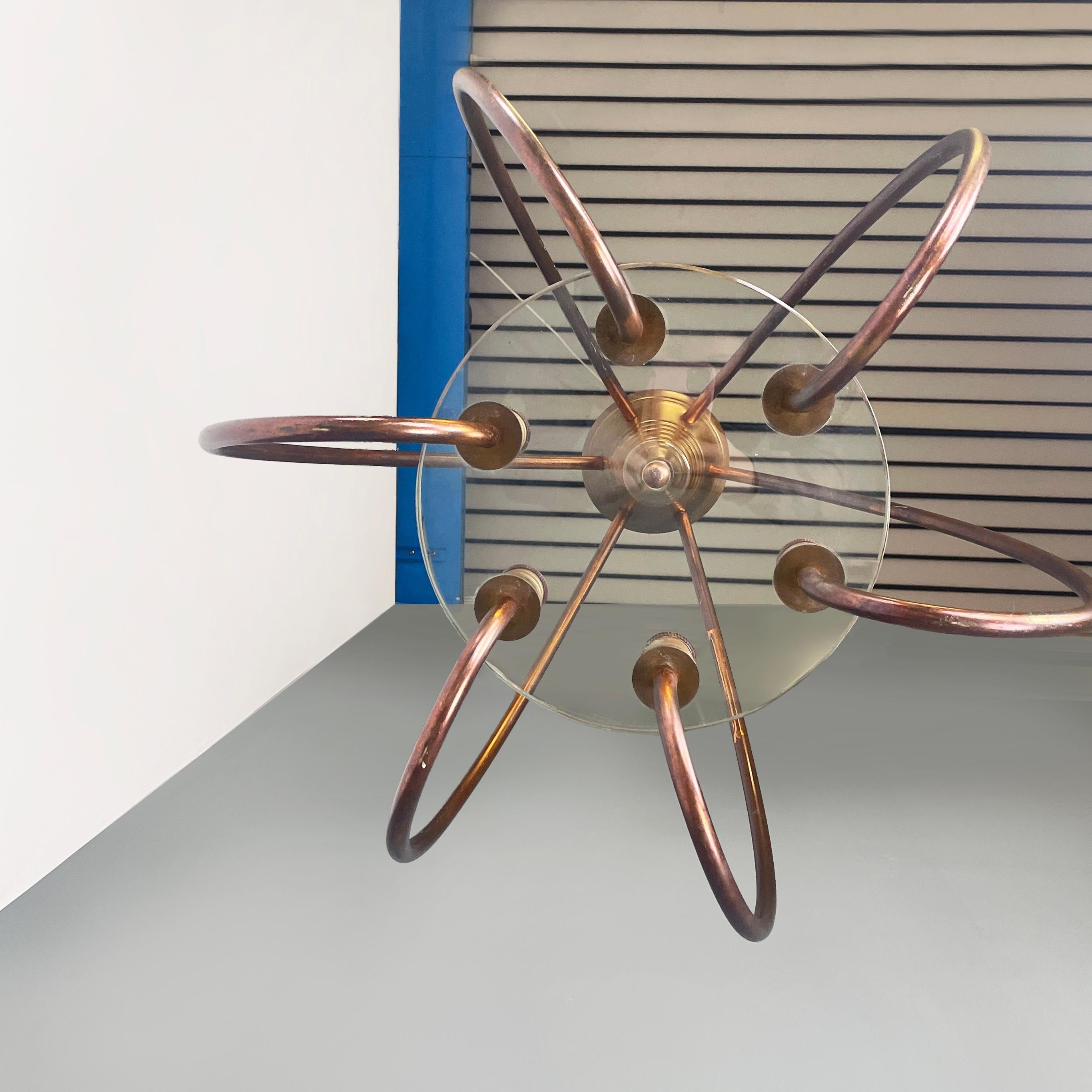 Vetro Italian art deco chandelier with six light in copper and glass, 1940s in vendita