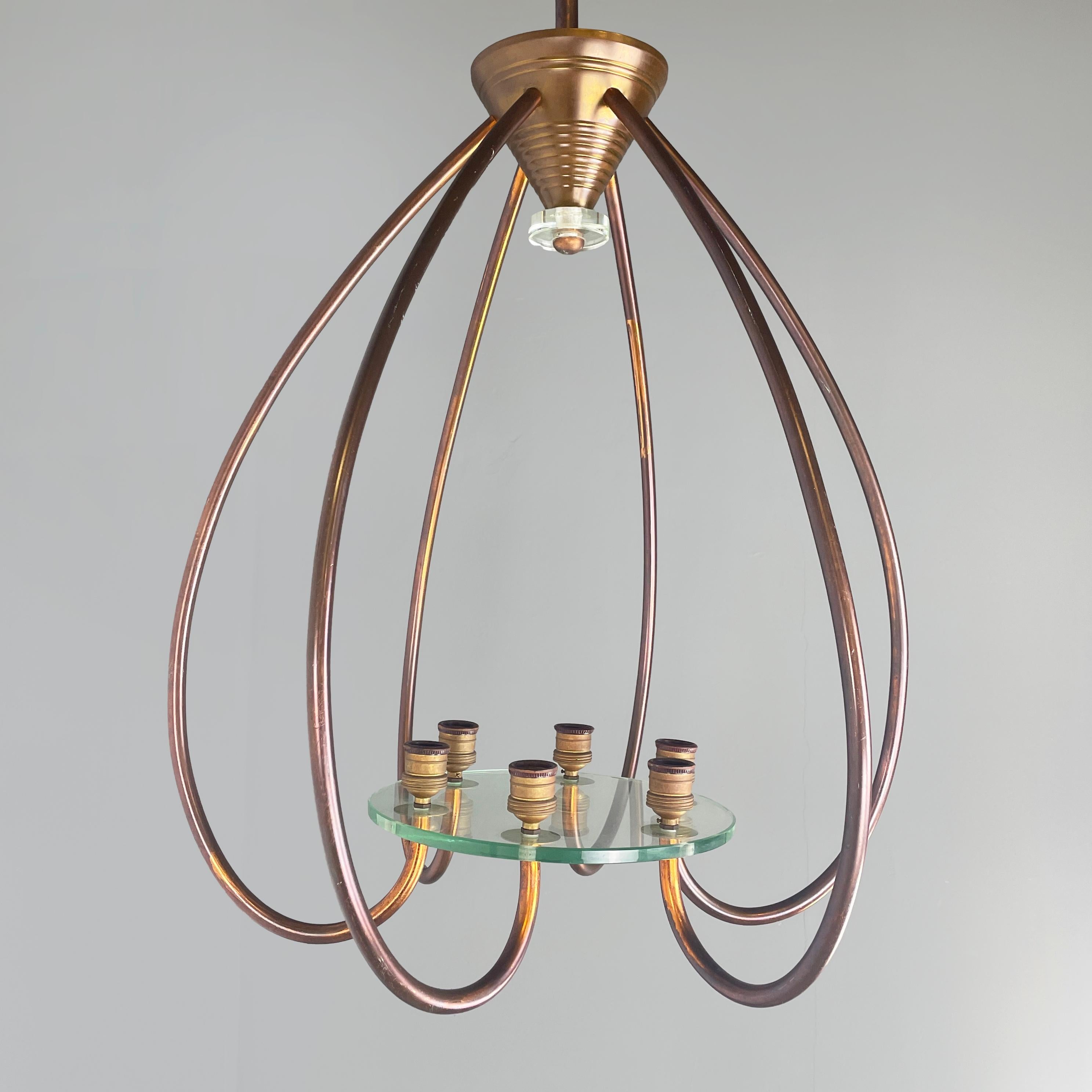 Italian art deco chandelier with six light in copper and glass, 1940s in vendita 1
