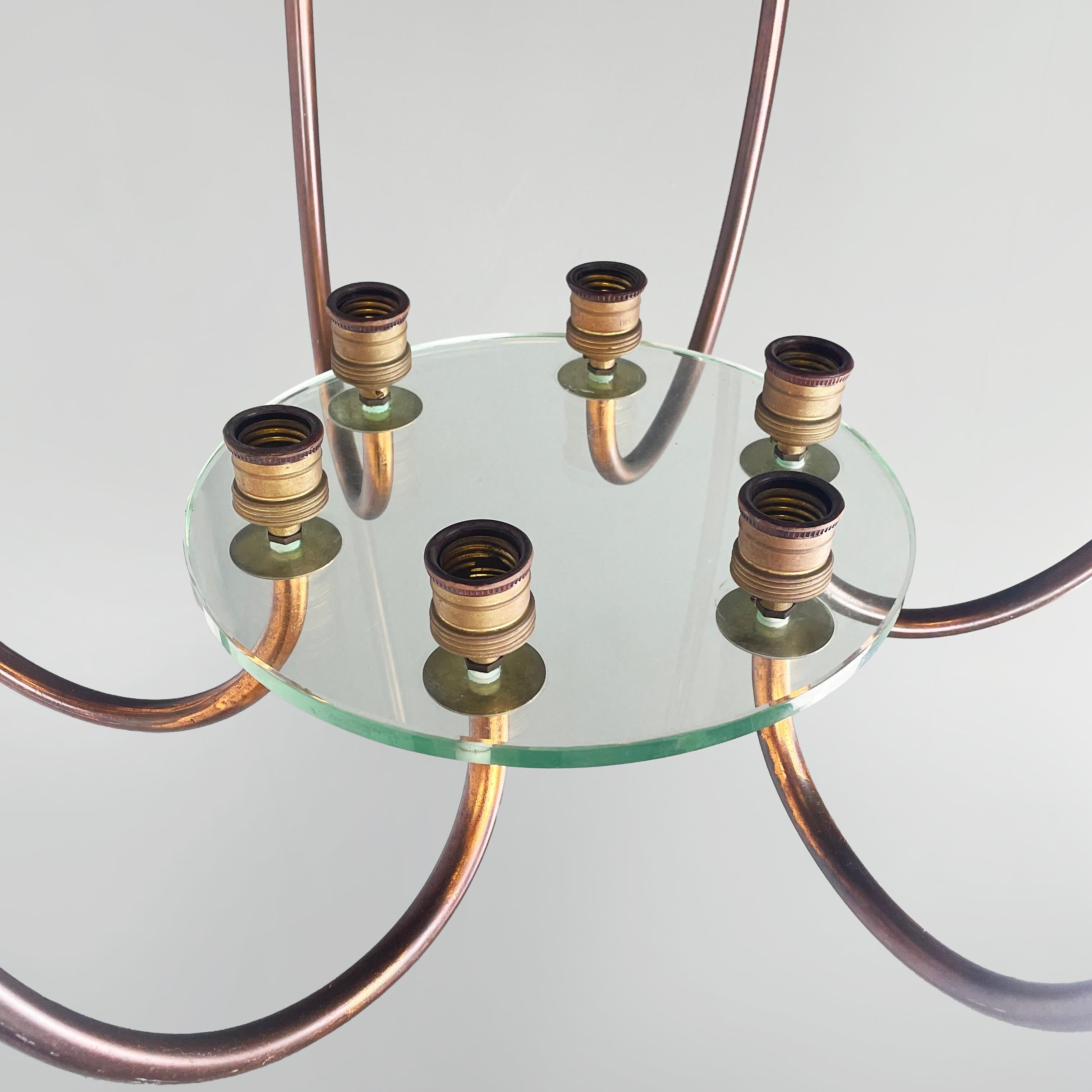 Italian art deco chandelier with six light in copper and glass, 1940s in vendita 2